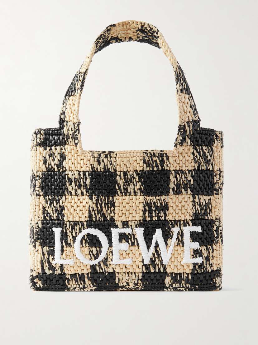 Loewe + Paula's Ibiza Mini Leather-trimmed Embroidered Gingham Raffia Tote