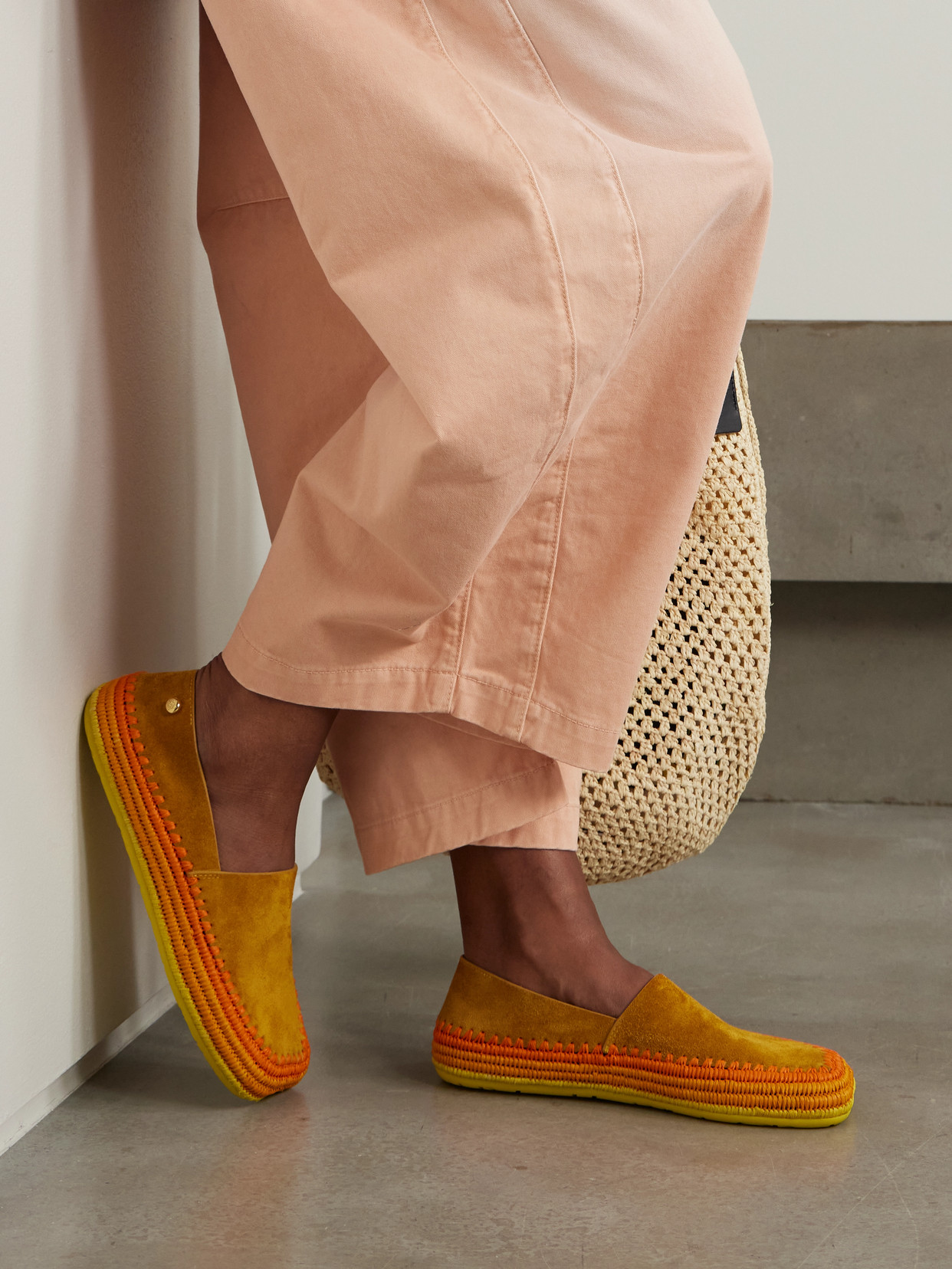 Loewe + Paula's Ibiza Rio Raffia-trimmed Suede Espadrilles In Orange