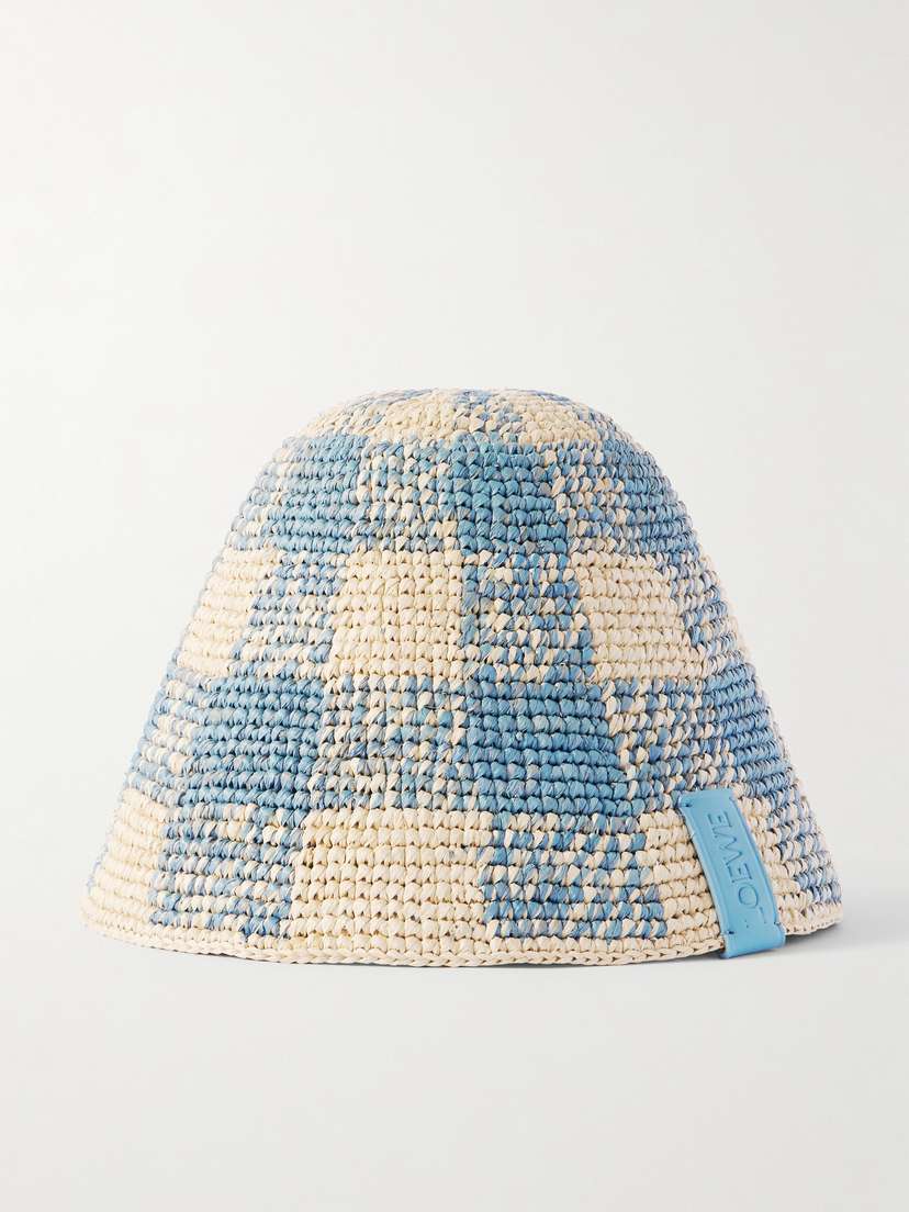 Loewe + Paula's Ibiza Leather-trimmed Checked Raffia Bucket Hat
