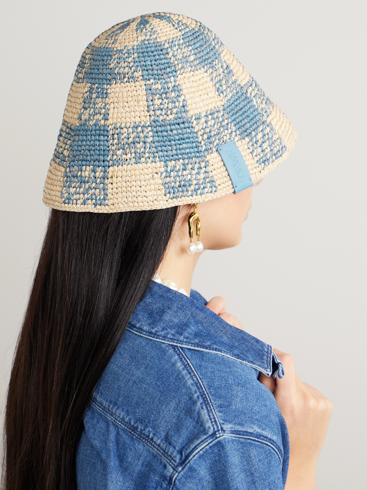 Loewe + Paula's Ibiza Leather-trimmed Checked Raffia Bucket Hat In Neutrals