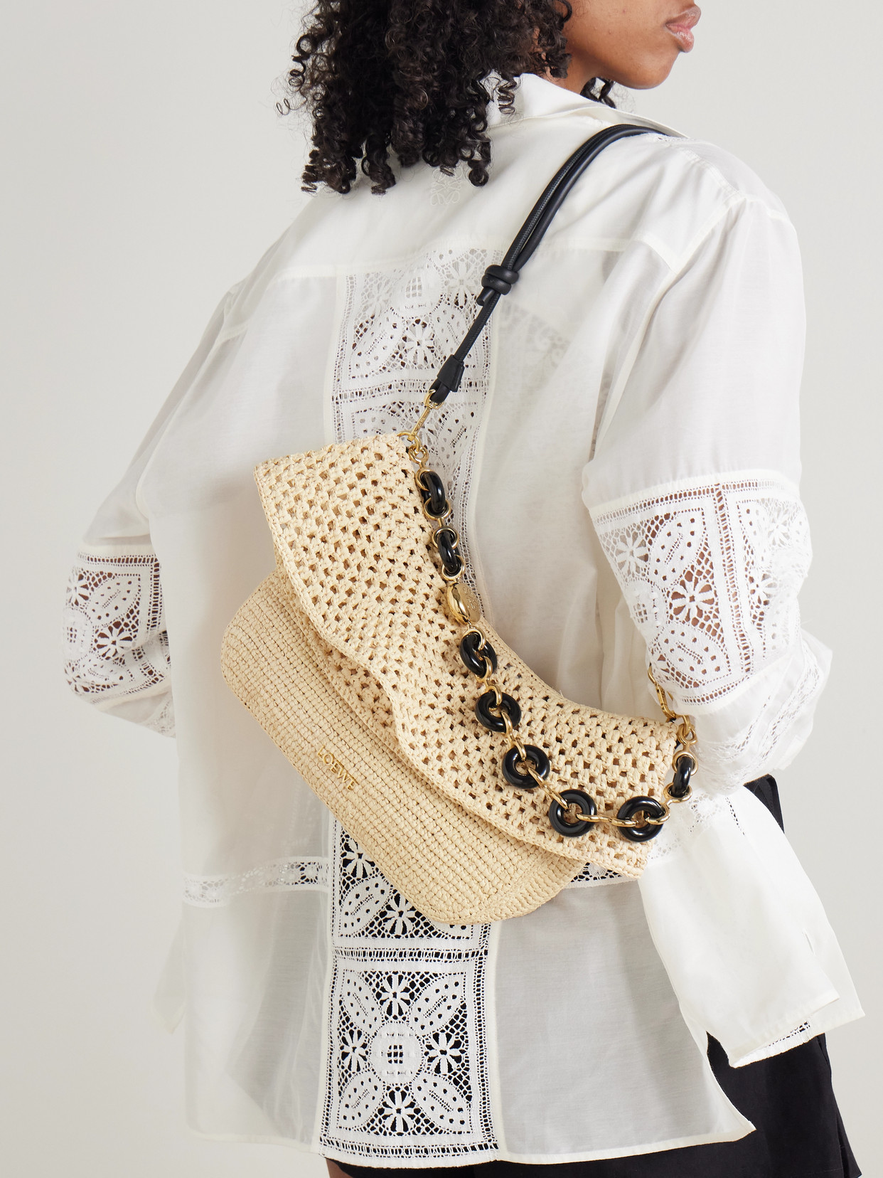 Loewe + Paula's Ibiza Ola Embellished Leather-trimmed Raffia Shoulder Bag In Neutrals