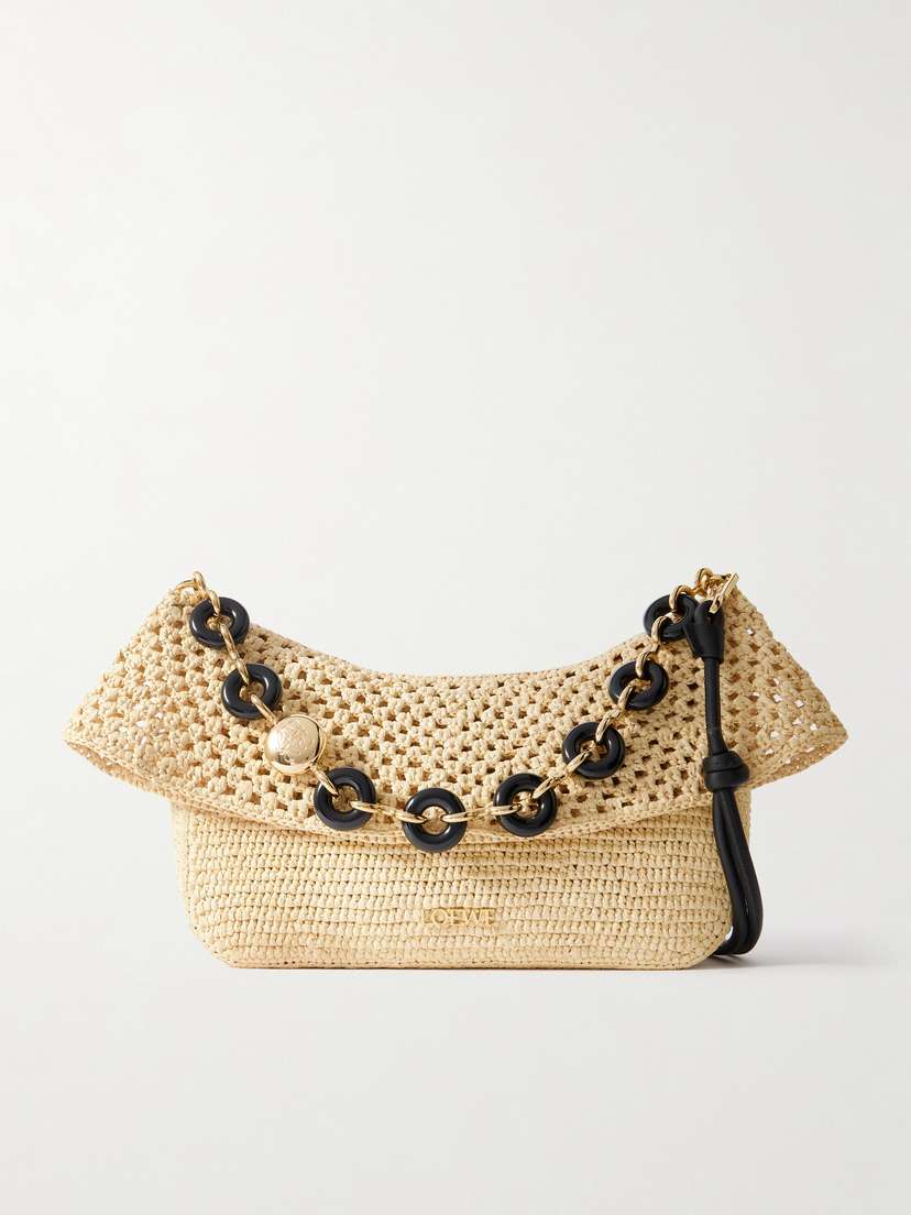 Loewe + Paula's Ibiza Ola Embellished Leather-trimmed Raffia Shoulder Bag