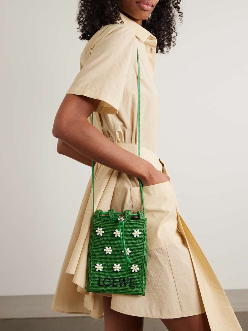 Loewe + Paula's Ibiza Embellished Raffia Shoulder Bag - back view in Green