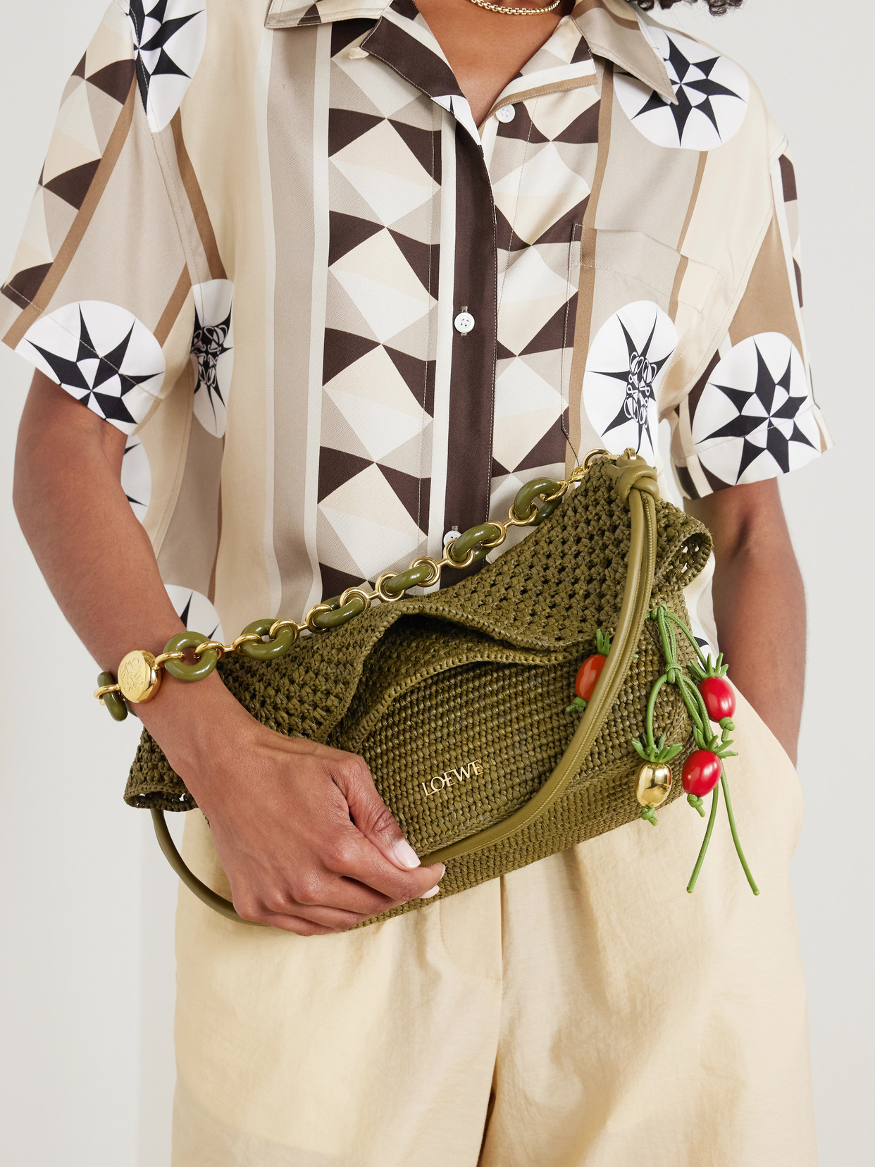 Loewe + Paula's Ibiza Ola Embellished Leather-trimmed Raffia Shoulder Bag In Green