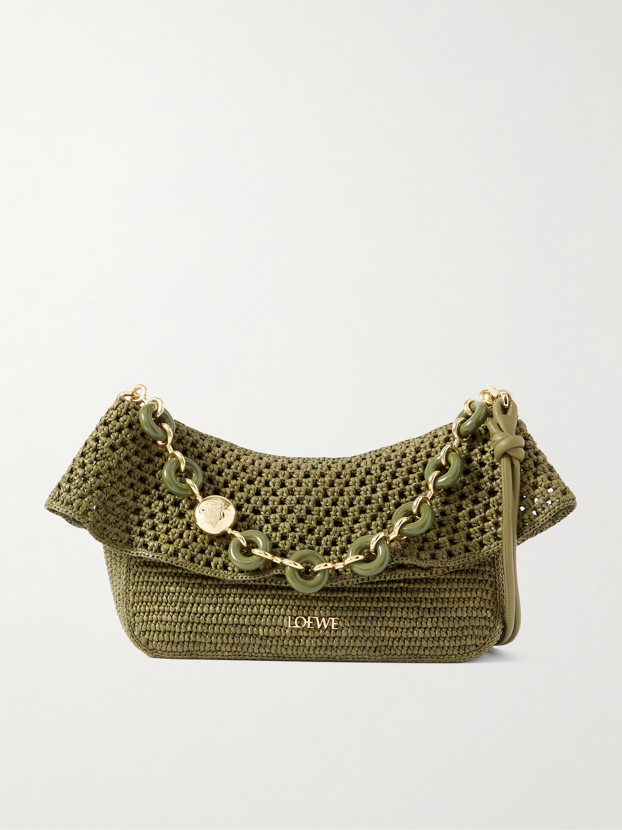 Loewe + Paula's Ibiza Ola Embellished Leather-trimmed Raffia Shoulder Bag In Green