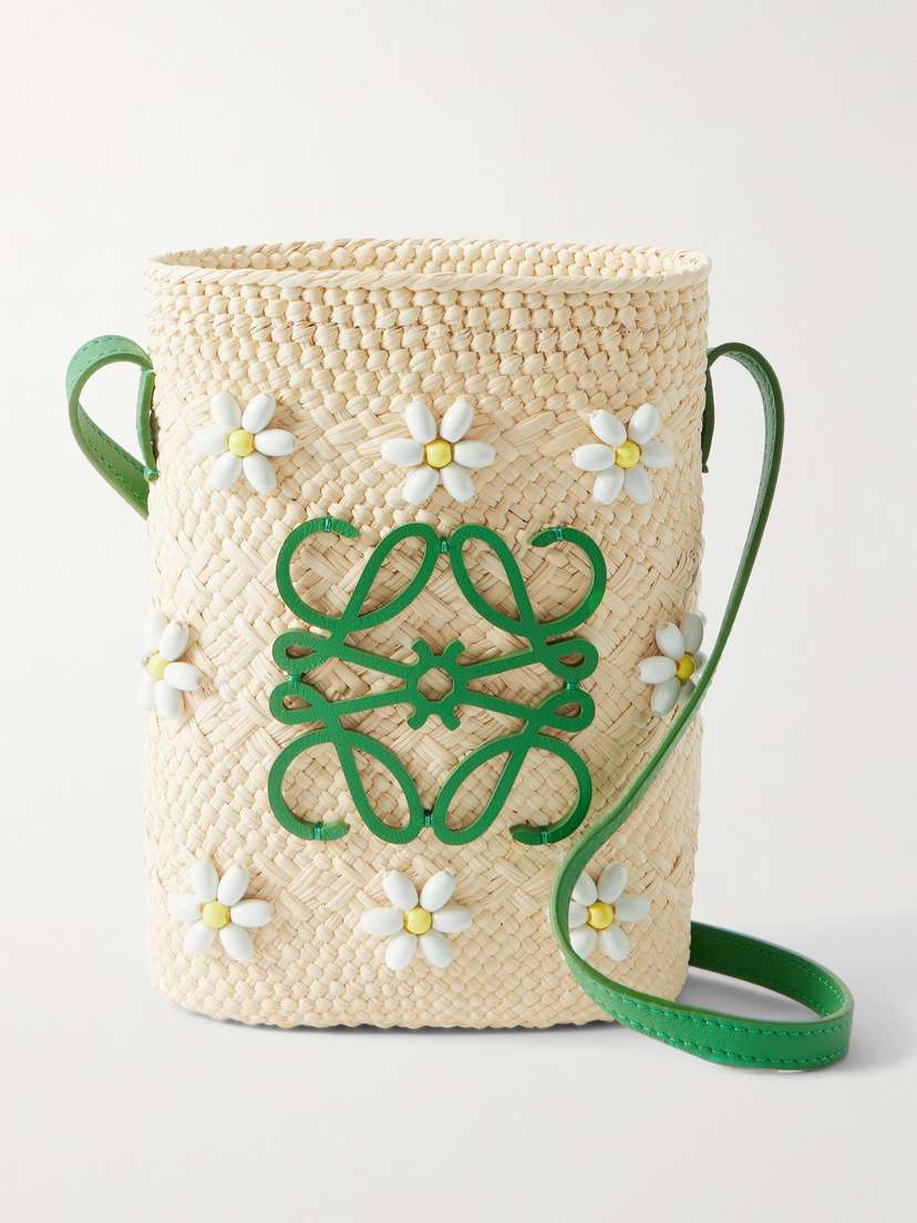 Loewe + Paula's Ibiza Anagram Beaded Leather-trimmed Raffia Shoulder Bag