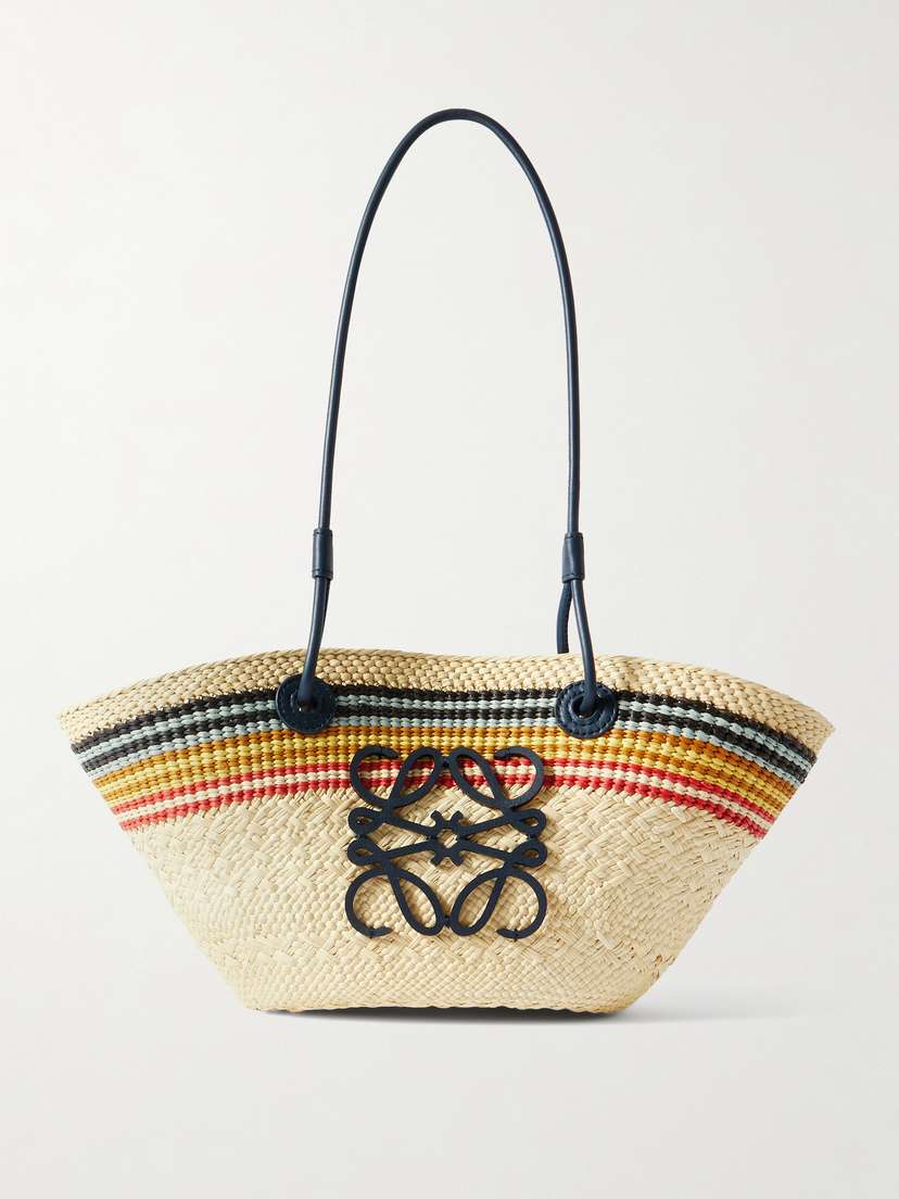 Loewe + Paula's Ibiza Anagram Basket Small Leather-trimmed Striped Raffia Tote