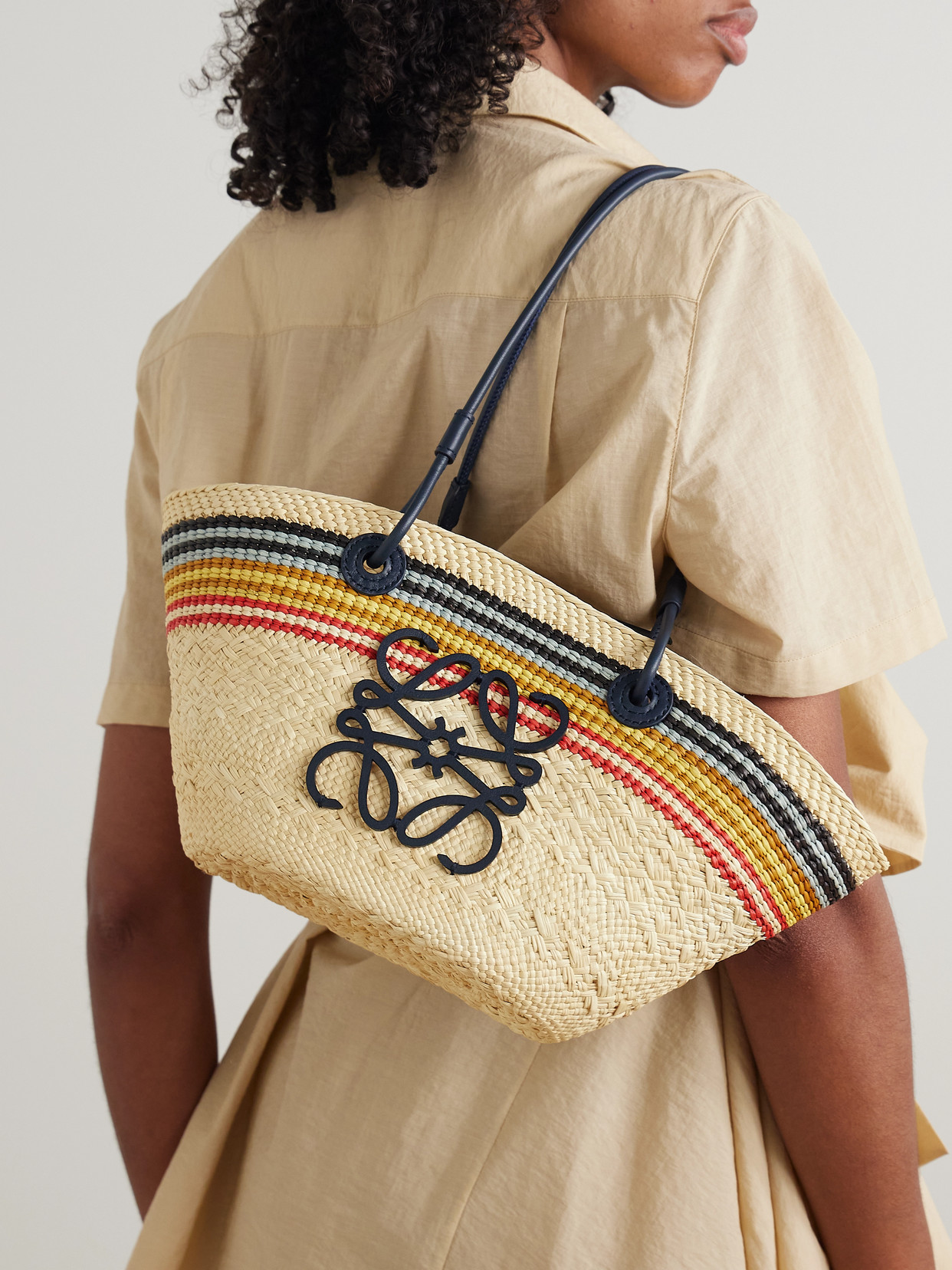 Loewe + Paula's Ibiza Anagram Basket Small Leather-trimmed Striped Raffia Tote In Neutrals