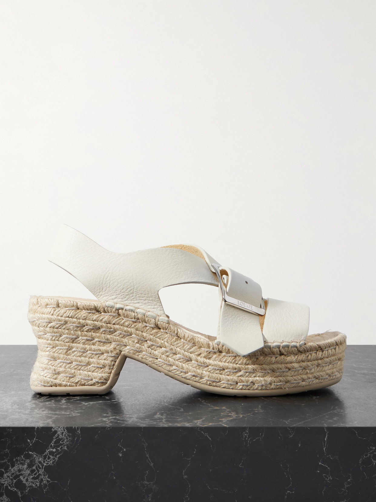 Loewe + Paula's Ibiza Petal Leather And Raffia Espadrille Platform Sandals In White