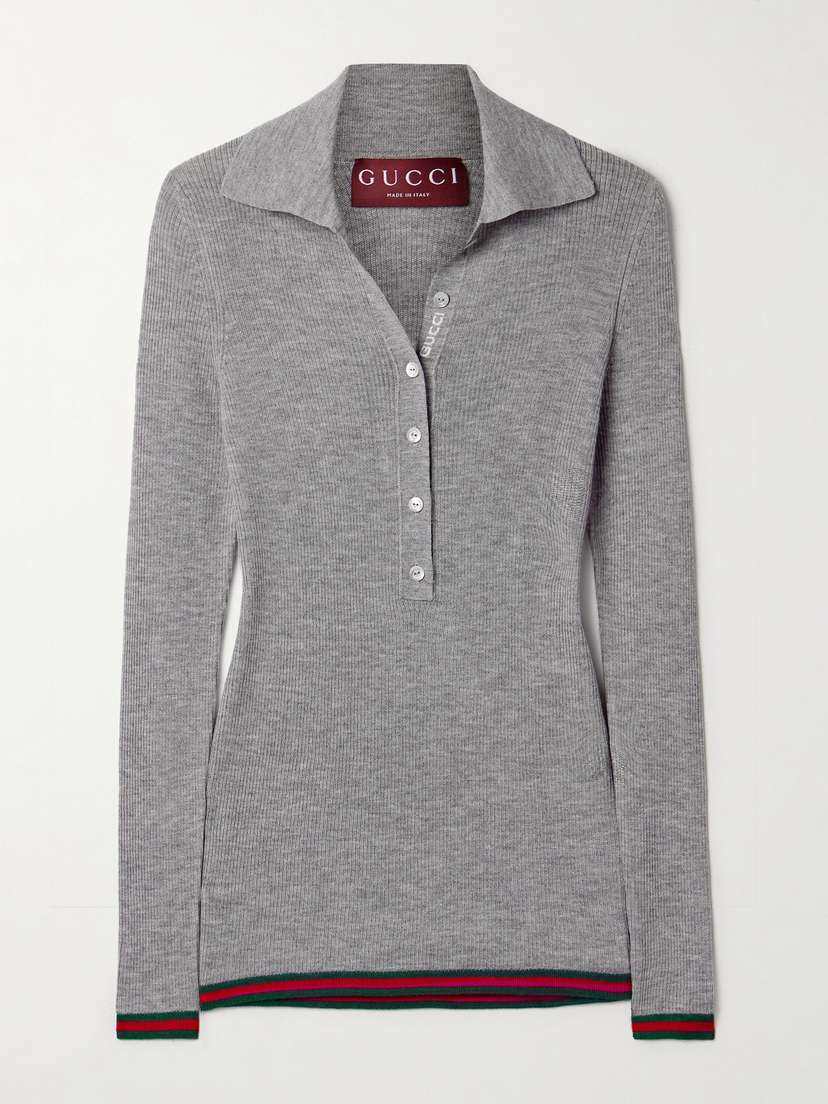 Gucci Striped Ribbed Cashmere And Silk-blend Polo Shirt