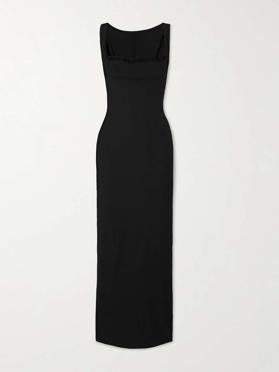 soft lounge lace scoop neck long dress - onyx