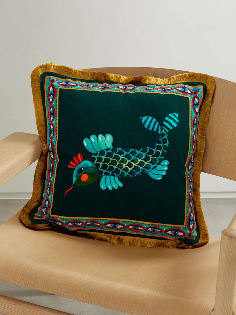 La DoubleJ Fringed Printed Cotton-blend Velvet Cushion