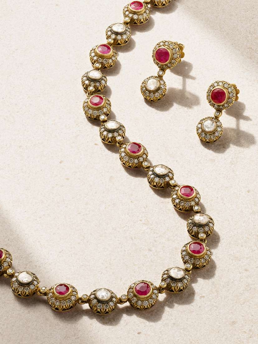 Amrapali London 18-karat Gold, Ruby And Diamond Earrings And Necklace Set