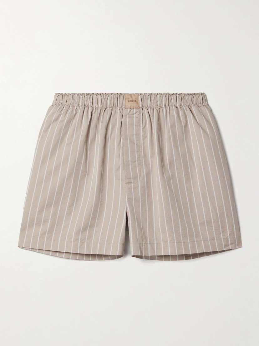 Skims Boxer Striped Cotton-poplin Shorts - Stone Stripe