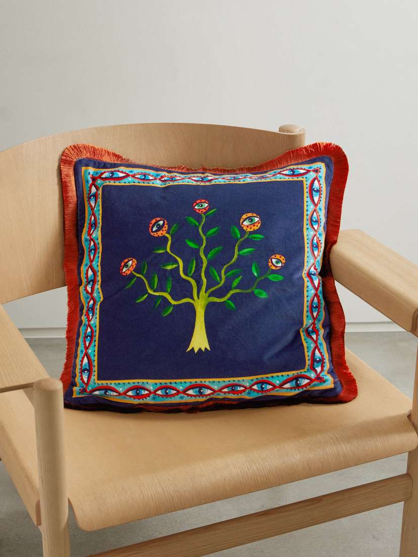 La DoubleJ Fringed Printed Cotton-blend Velvet Cushion
