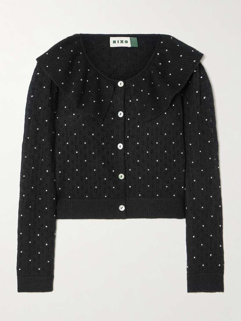 Rixo Jelena Crystal-embellished Ruffled Pointelle-knit Cardigan
