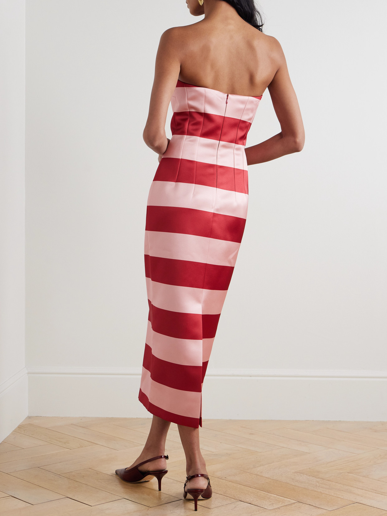 EMILIA WICKSTEAD LEILA STRAPLESS STRIPED DUCHESSE-SATIN MIDI DRESS