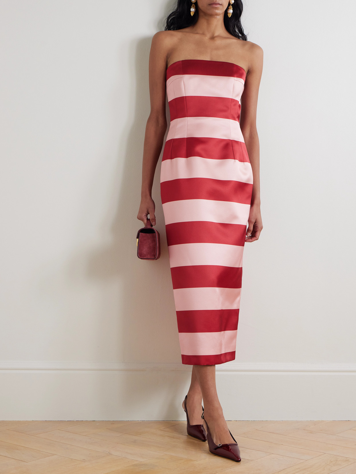 EMILIA WICKSTEAD LEILA STRAPLESS STRIPED DUCHESSE-SATIN MIDI DRESS