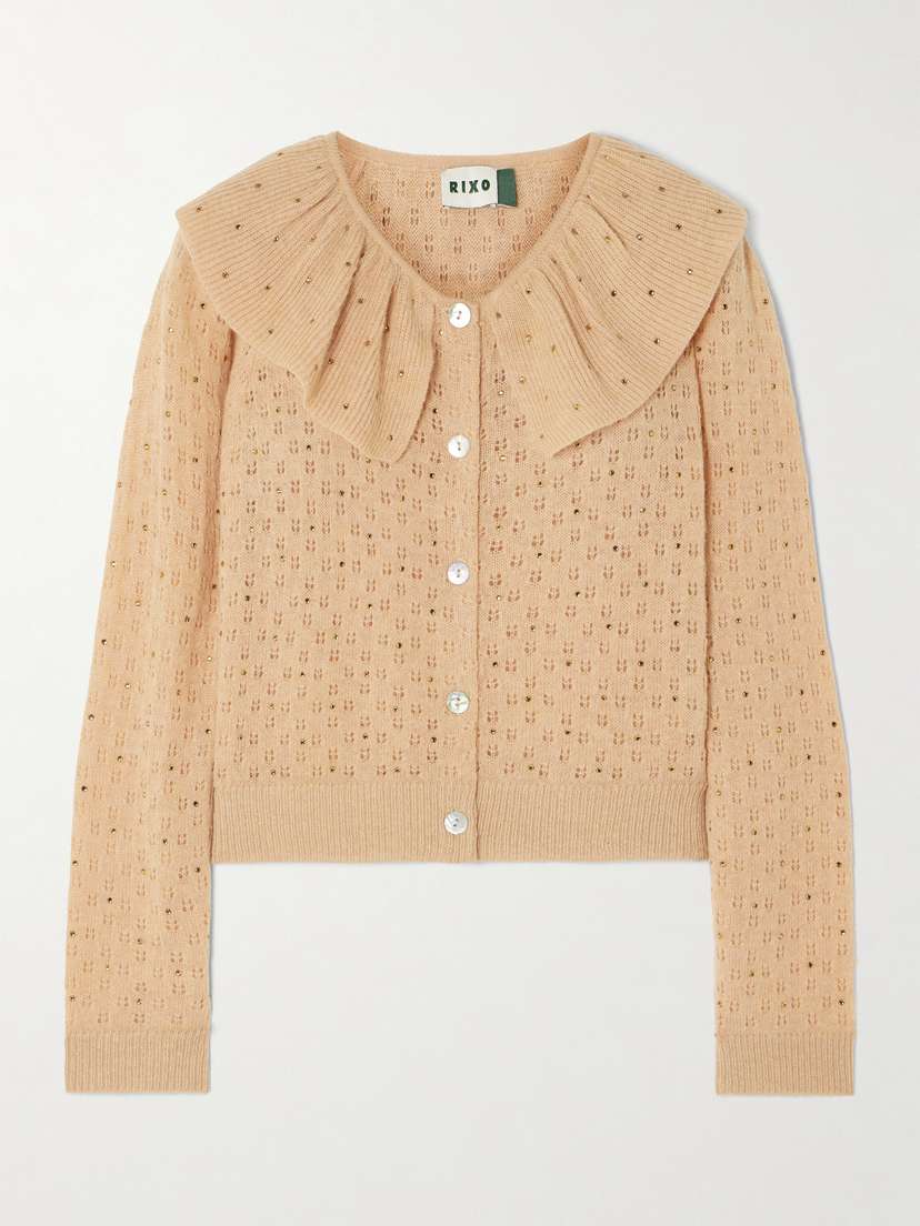 Rixo Jelena Crystal-embellished Ruffled Pointelle-knit Cardigan
