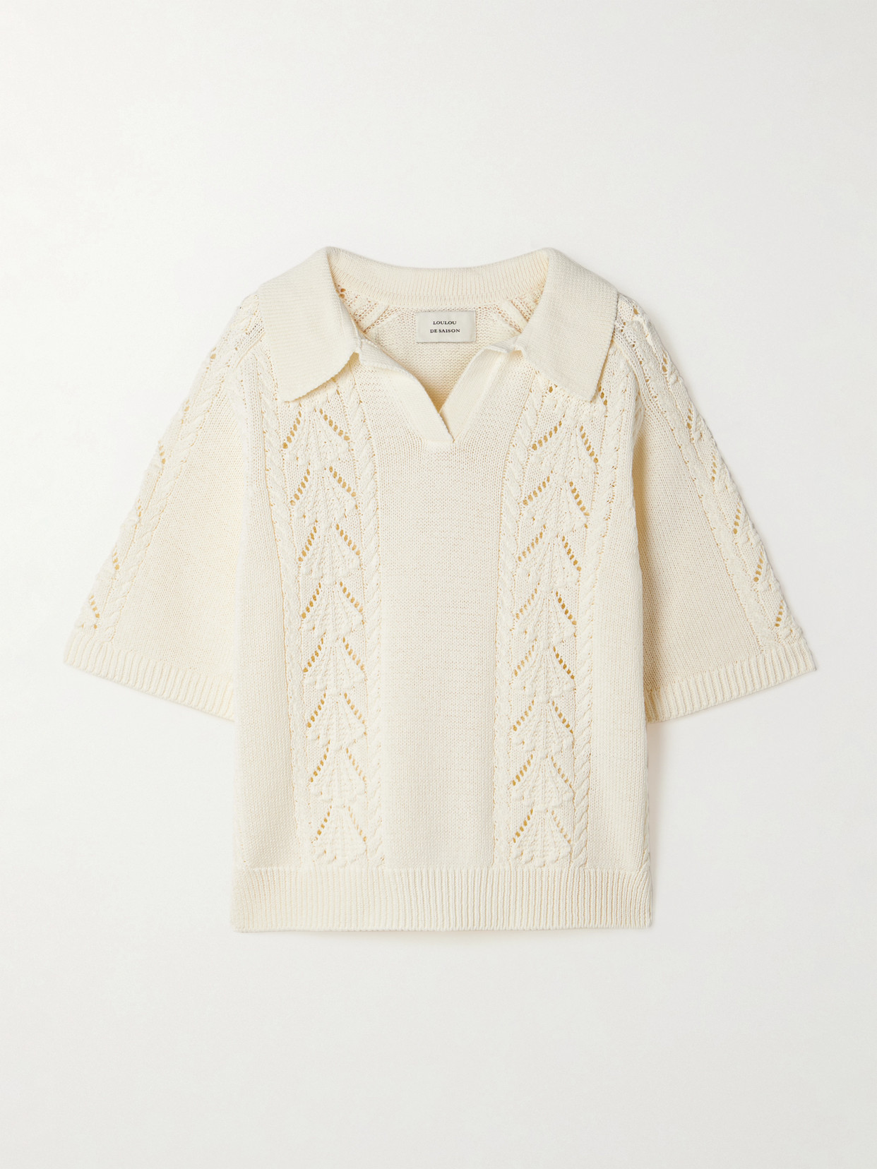 Loulou De Saison Kina Cable And Pointelle-knit Cotton Polo Shirt
