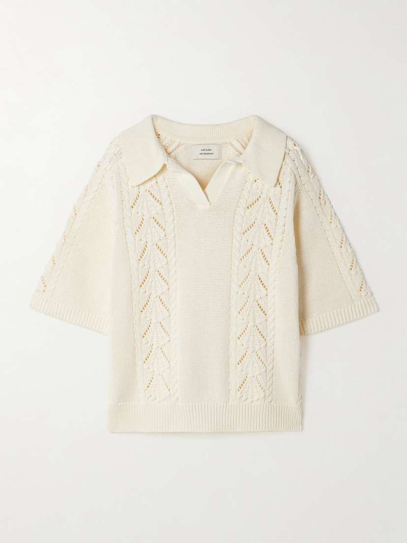 Loulou de Saison Kina Cable And Pointelle-knit Cotton Polo Shirt
