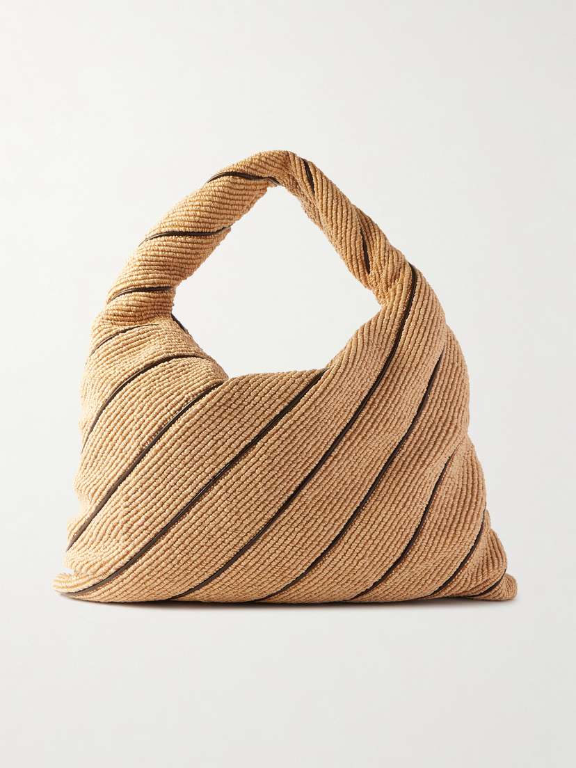 Bottega Veneta Hop Large Striped Leather-trimmed Raffia Shoulder Bag