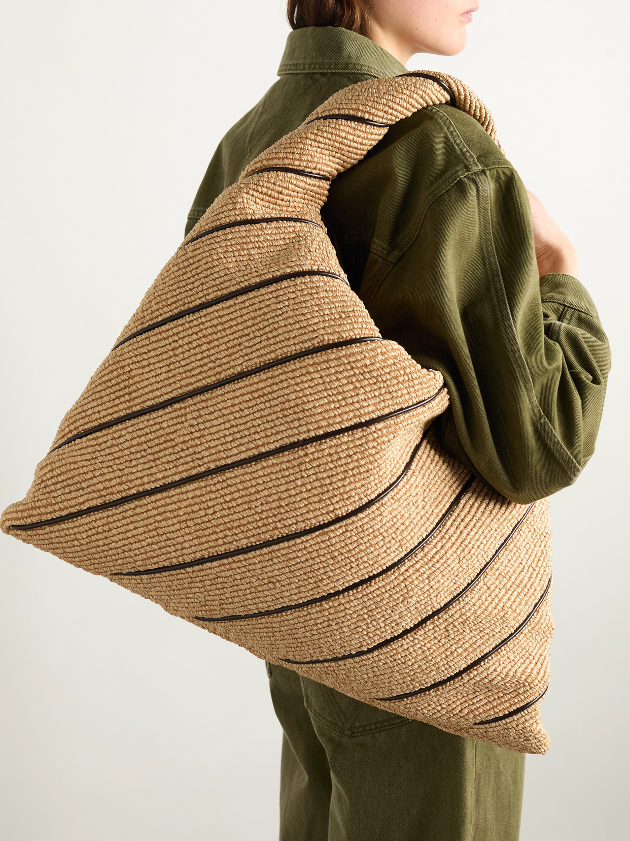 Hop Large Striped Leather-Trimmed Raffia Shoulder Bag