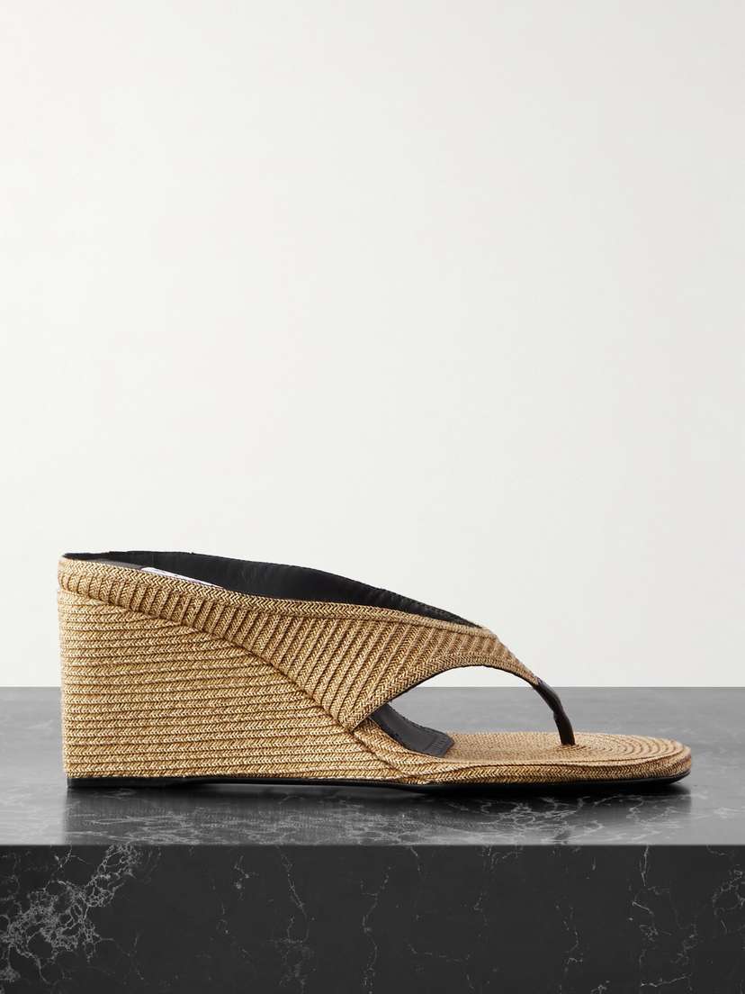 Alaïa Leather-trimmed Woven Raffia Wedge Sandals
