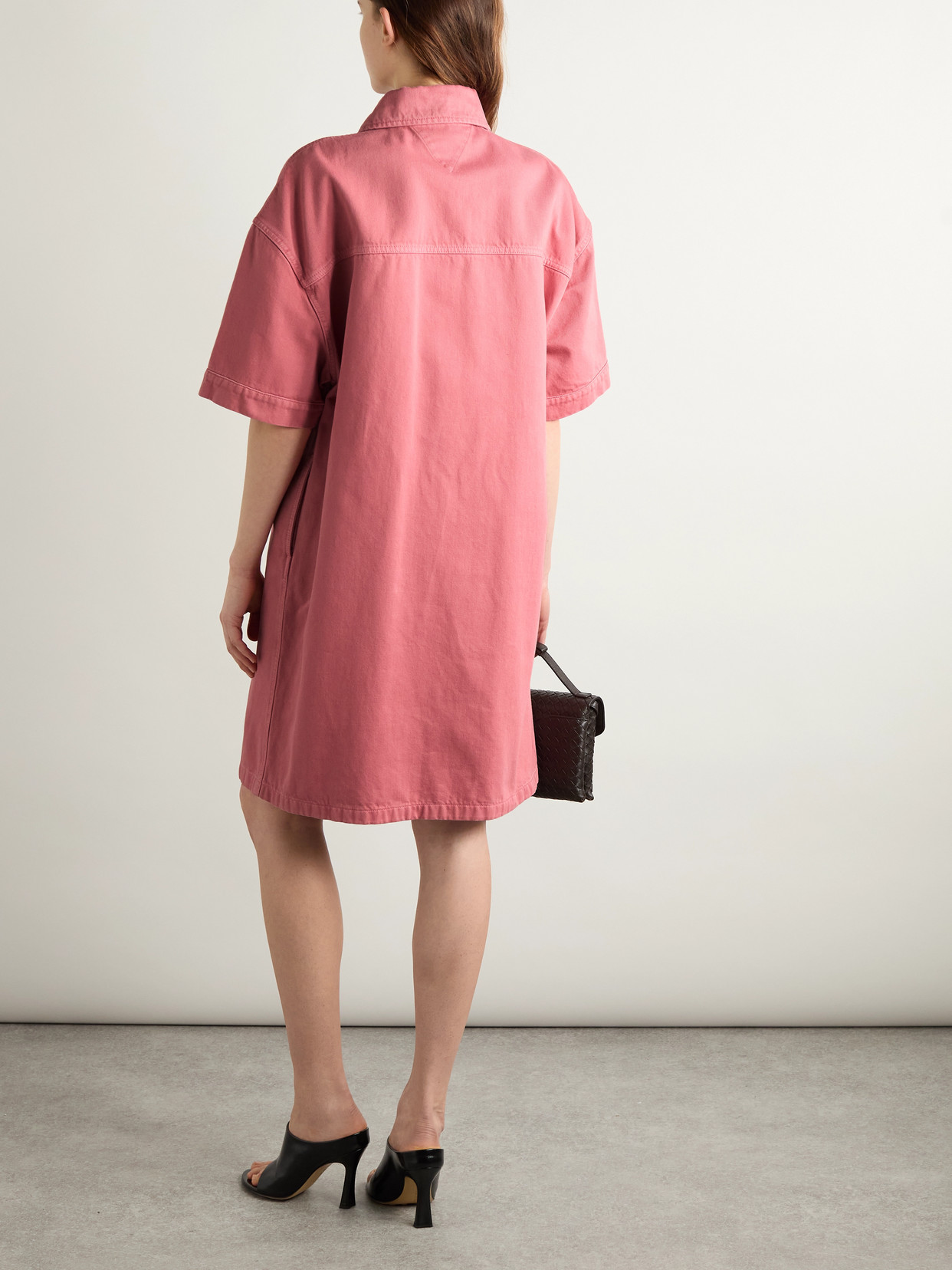 Shop Bottega Veneta Oversized Belted Denim Shirt Dress In Pink