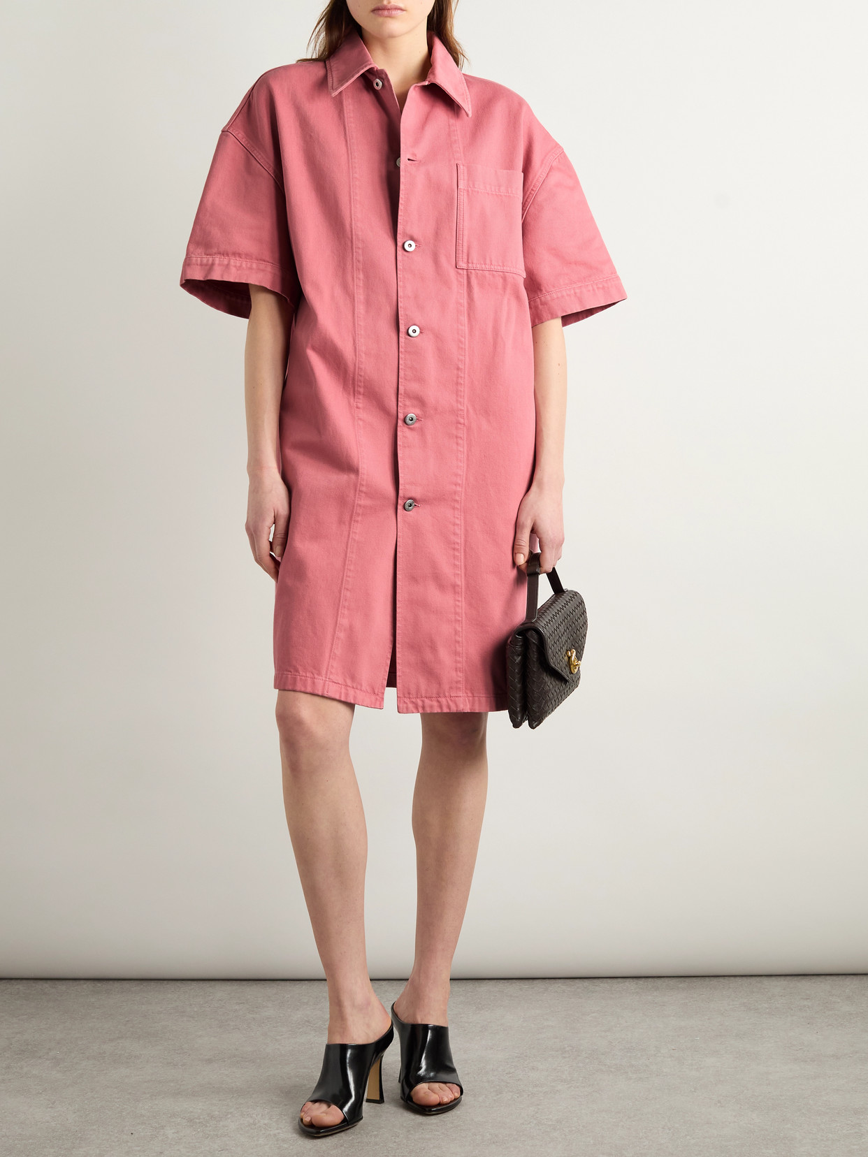 Shop Bottega Veneta Oversized Belted Denim Shirt Dress In Pink