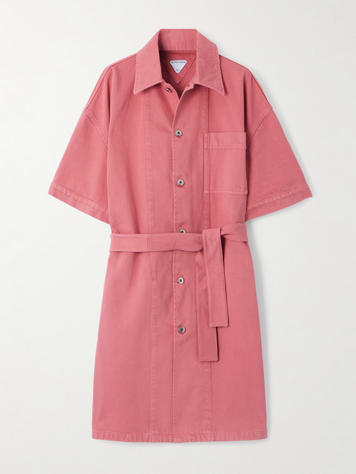 Bottega Veneta Oversized Belted Denim Shirt Dress In Pink