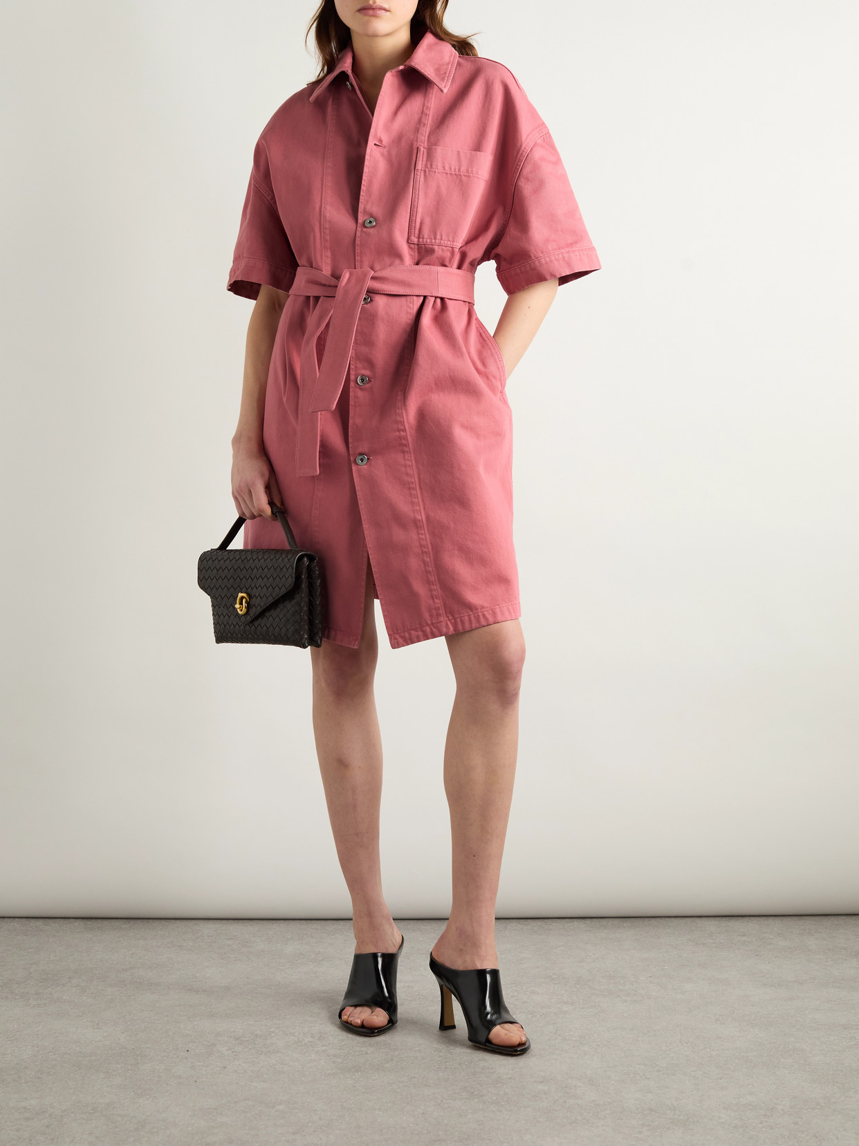 Shop Bottega Veneta Oversized Belted Denim Shirt Dress In Pink