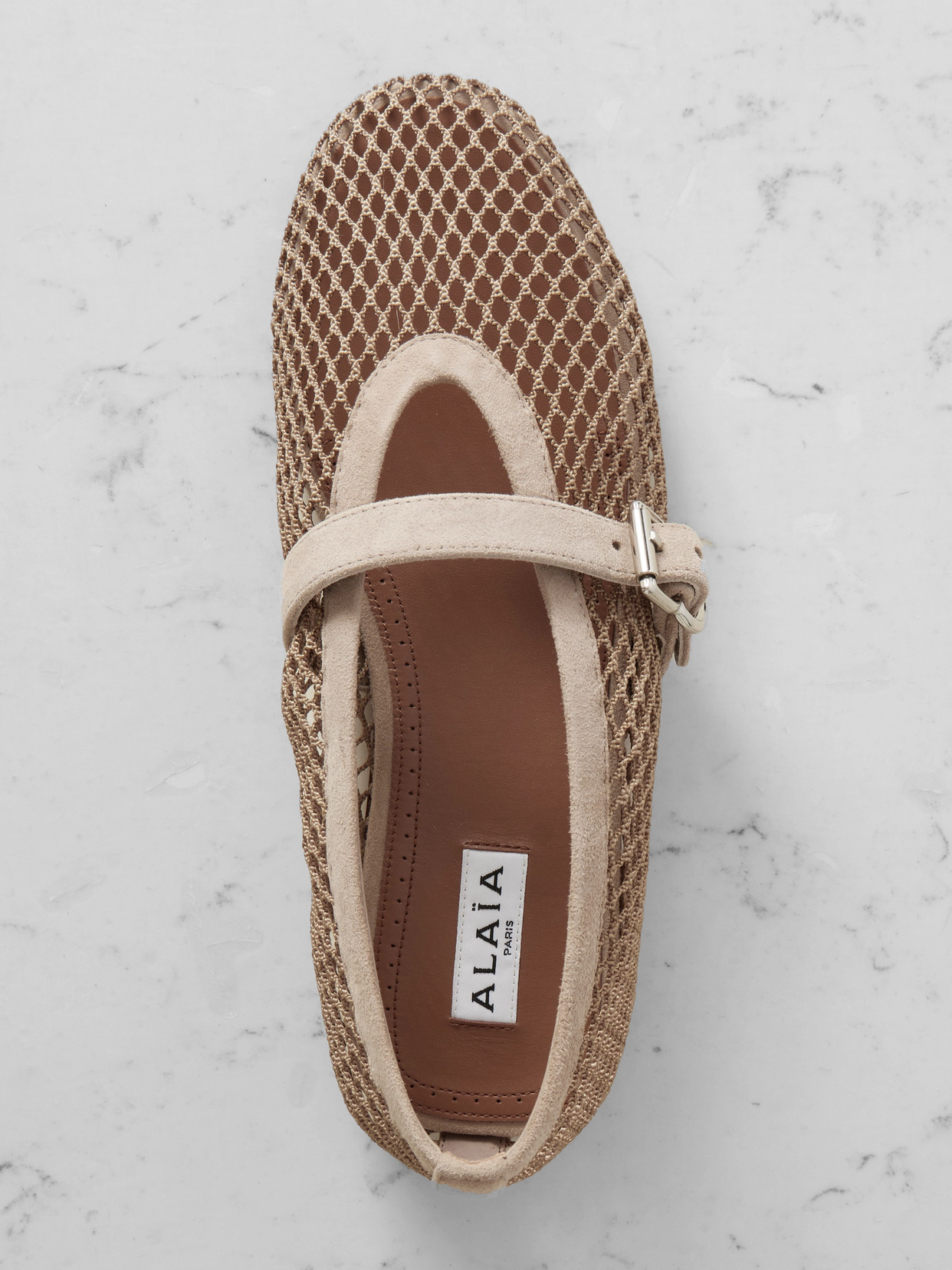 ALAÏA SUEDE-TRIMMED MESH BALLET FLATS