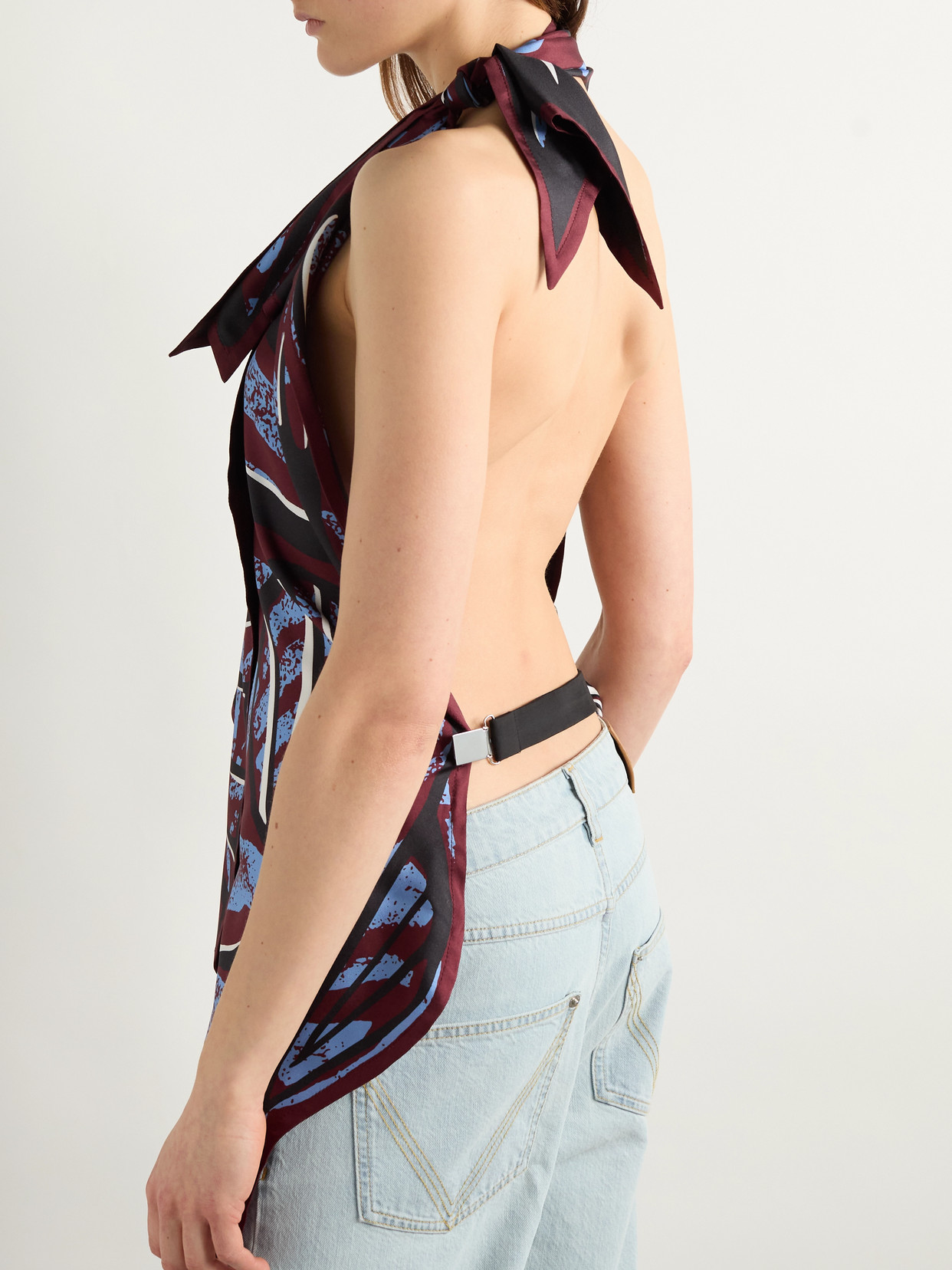 Shop Bottega Veneta Open-back Printed Silk-twill Halterneck Top