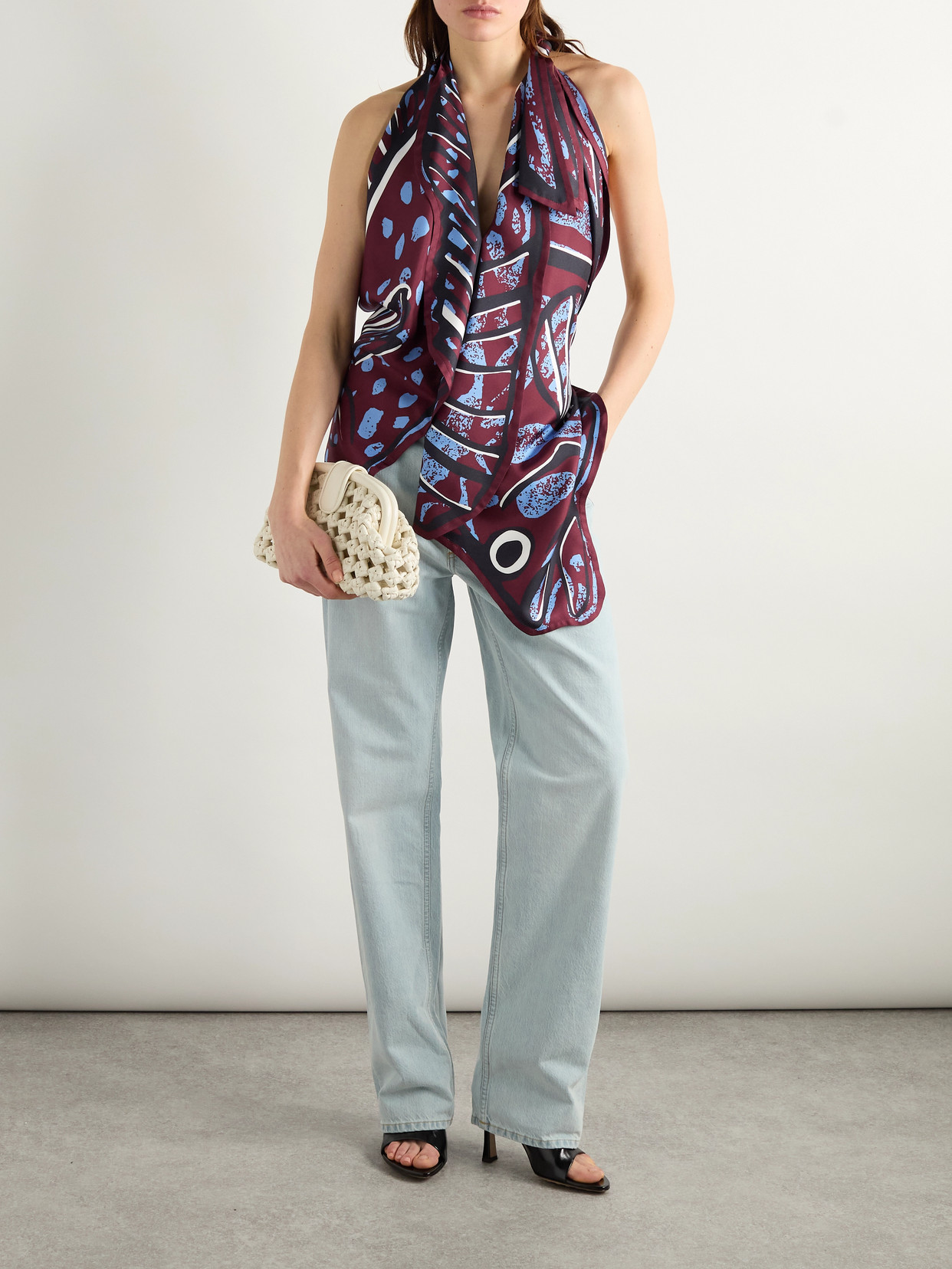 Shop Bottega Veneta Open-back Printed Silk-twill Halterneck Top
