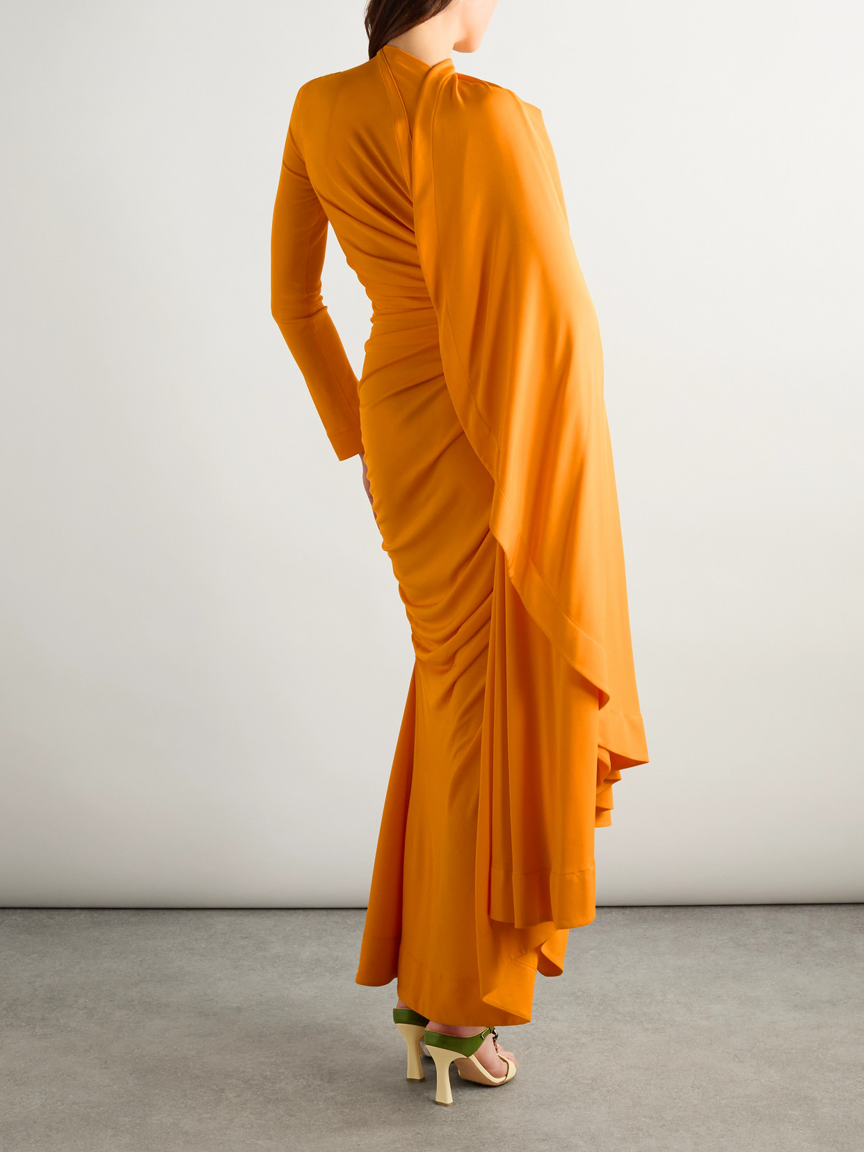 Bottega Veneta Draped Matte Viscose Jersey Cape Maxi Dress In Orange