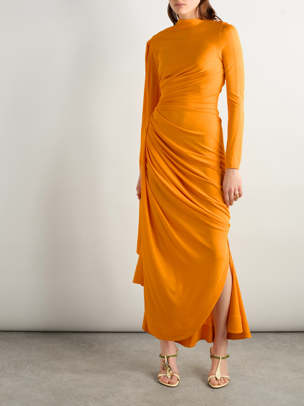 Bottega Veneta Draped Matte Viscose Jersey Cape Maxi Dress In Orange