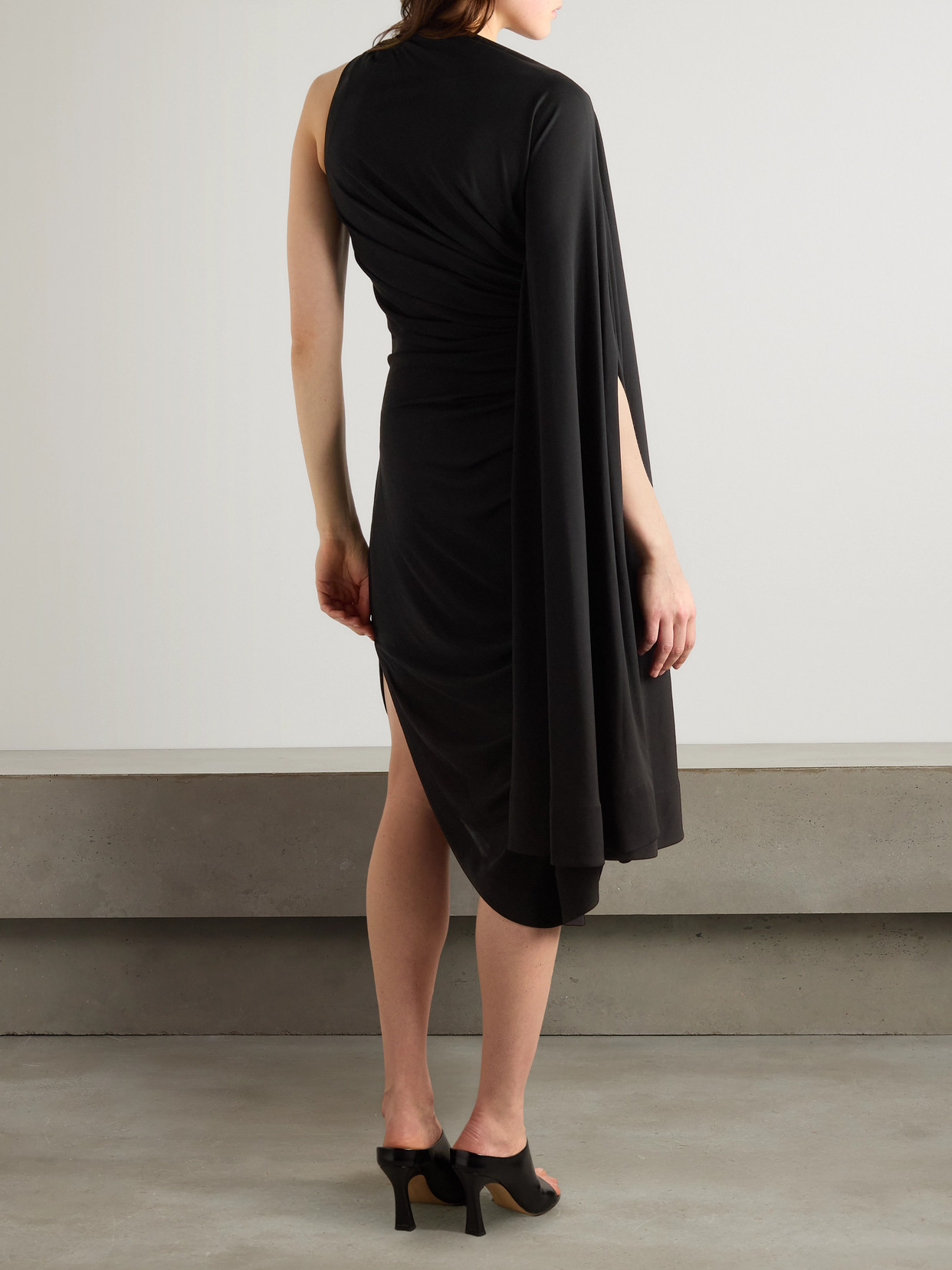 Bottega Veneta Black One-shoulder Draped Midi-dress