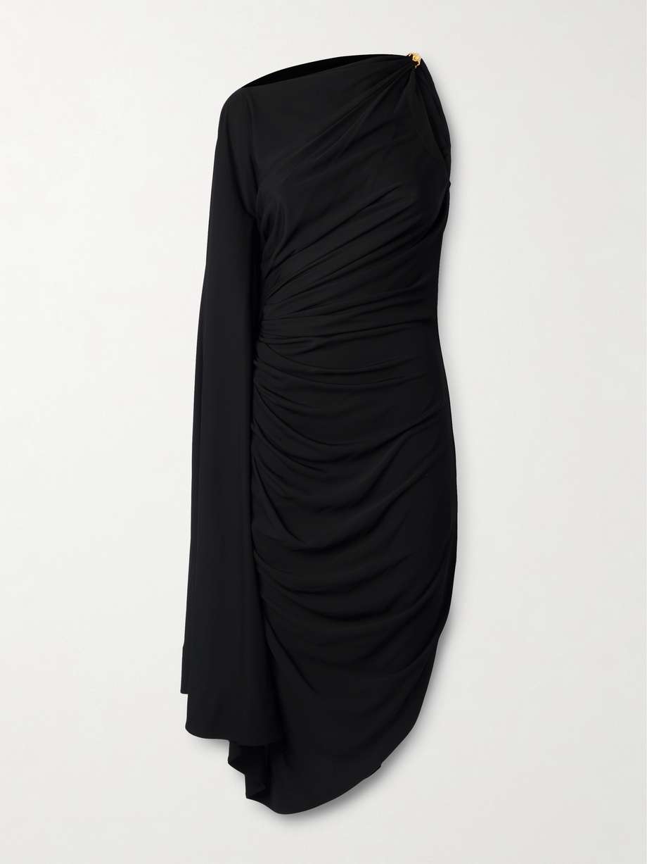 asymmetric cape-effect embellished draped jersey dress