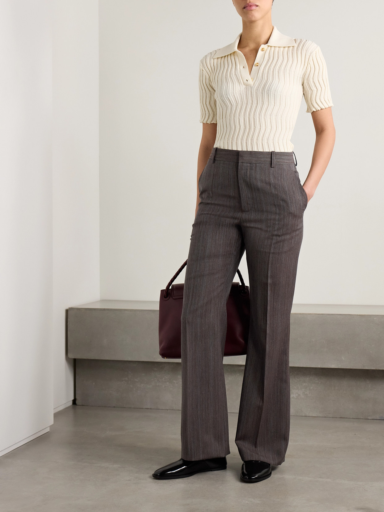BOTTEGA VENETA STRIPED WOOL-BLEND STRAIGHT-LEG PANTS