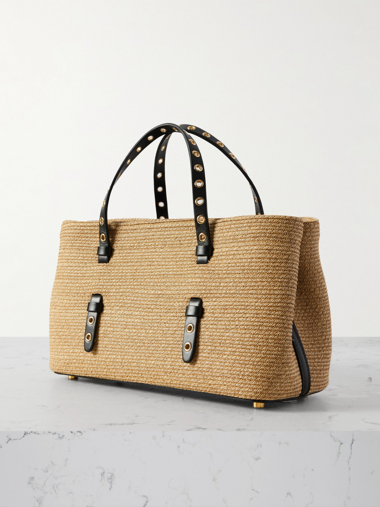 ALAÏA MENA E/W MEDIUM EYELET-EMBELLISHED LEATHER-TRIMMED RAFFIA TOTE