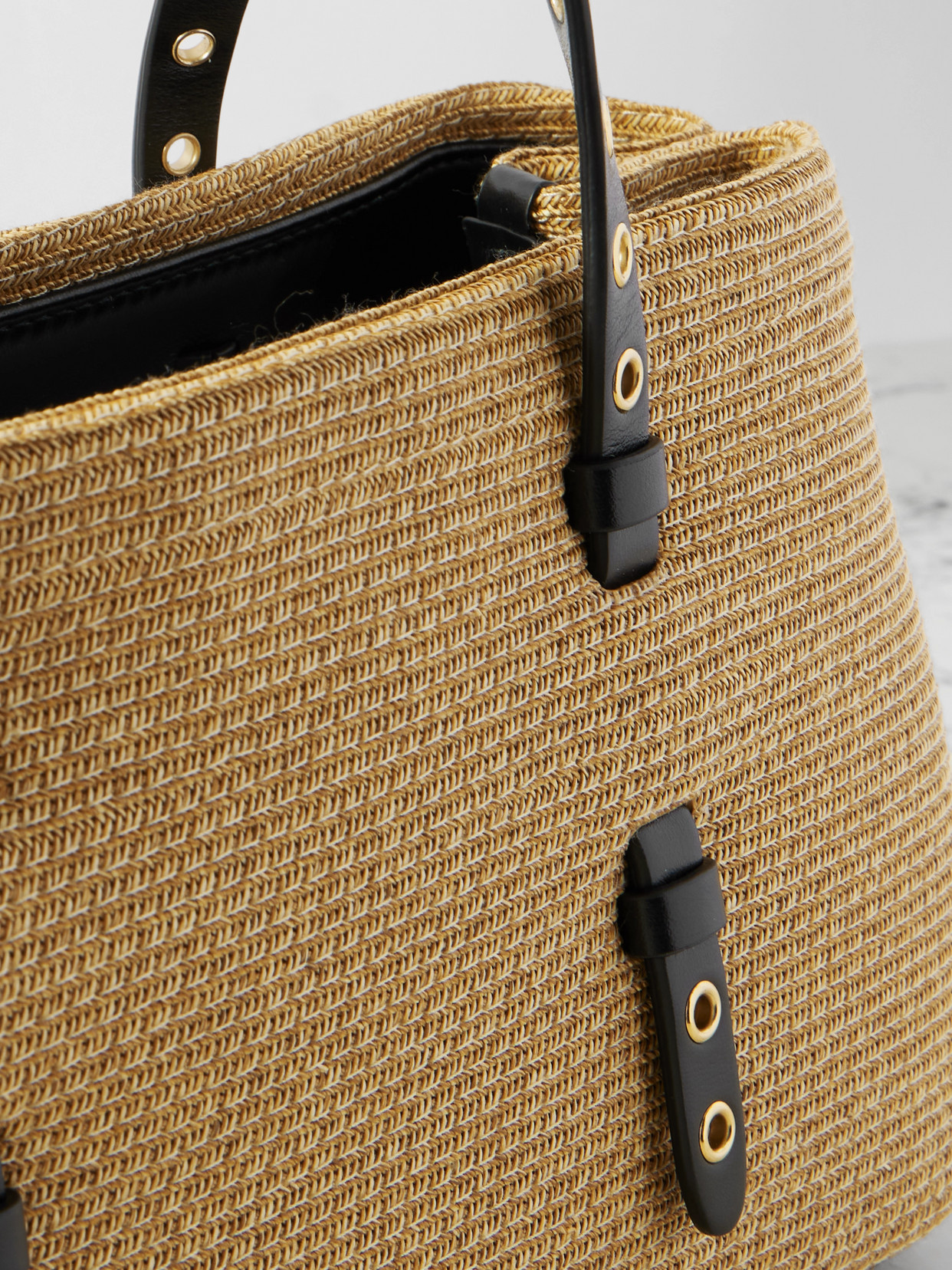 ALAÏA MENA E/W MEDIUM EYELET-EMBELLISHED LEATHER-TRIMMED RAFFIA TOTE