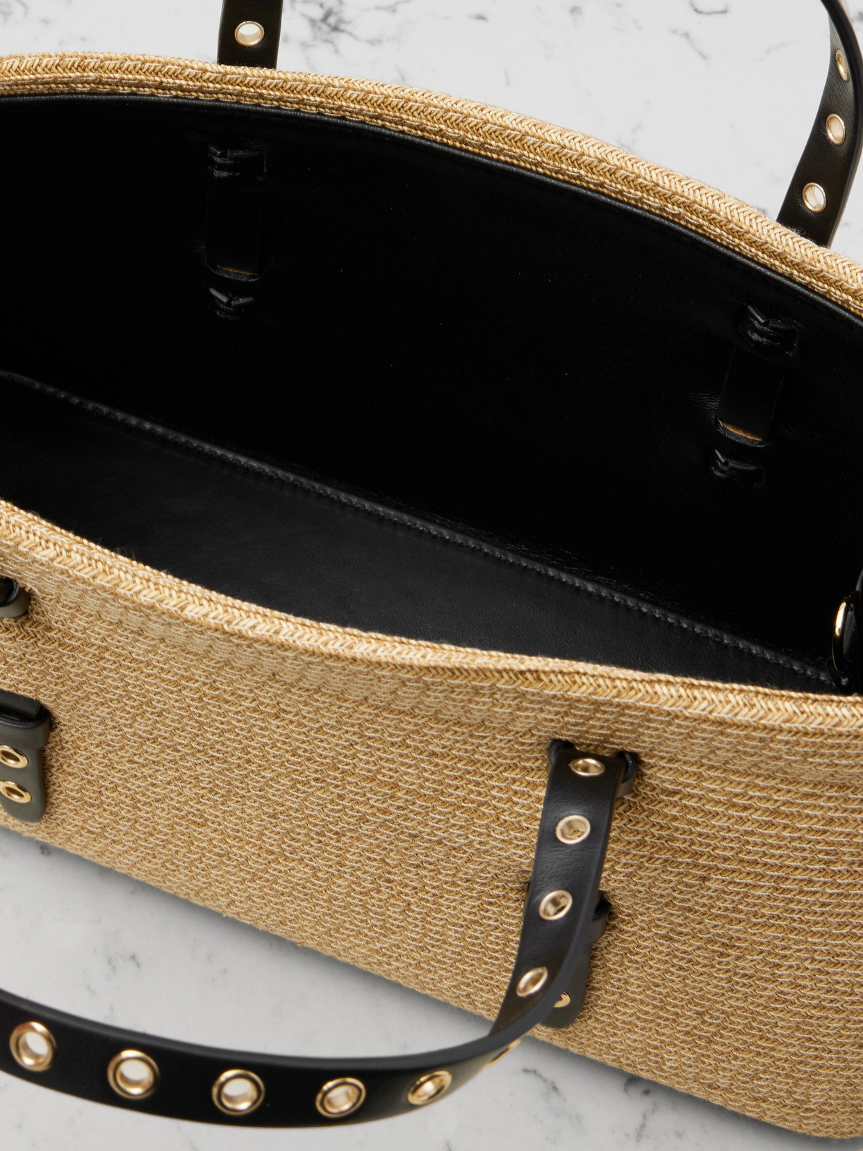 Shop Alaïa Mena E/w Medium Eyelet-embellished Leather-trimmed Raffia Tote