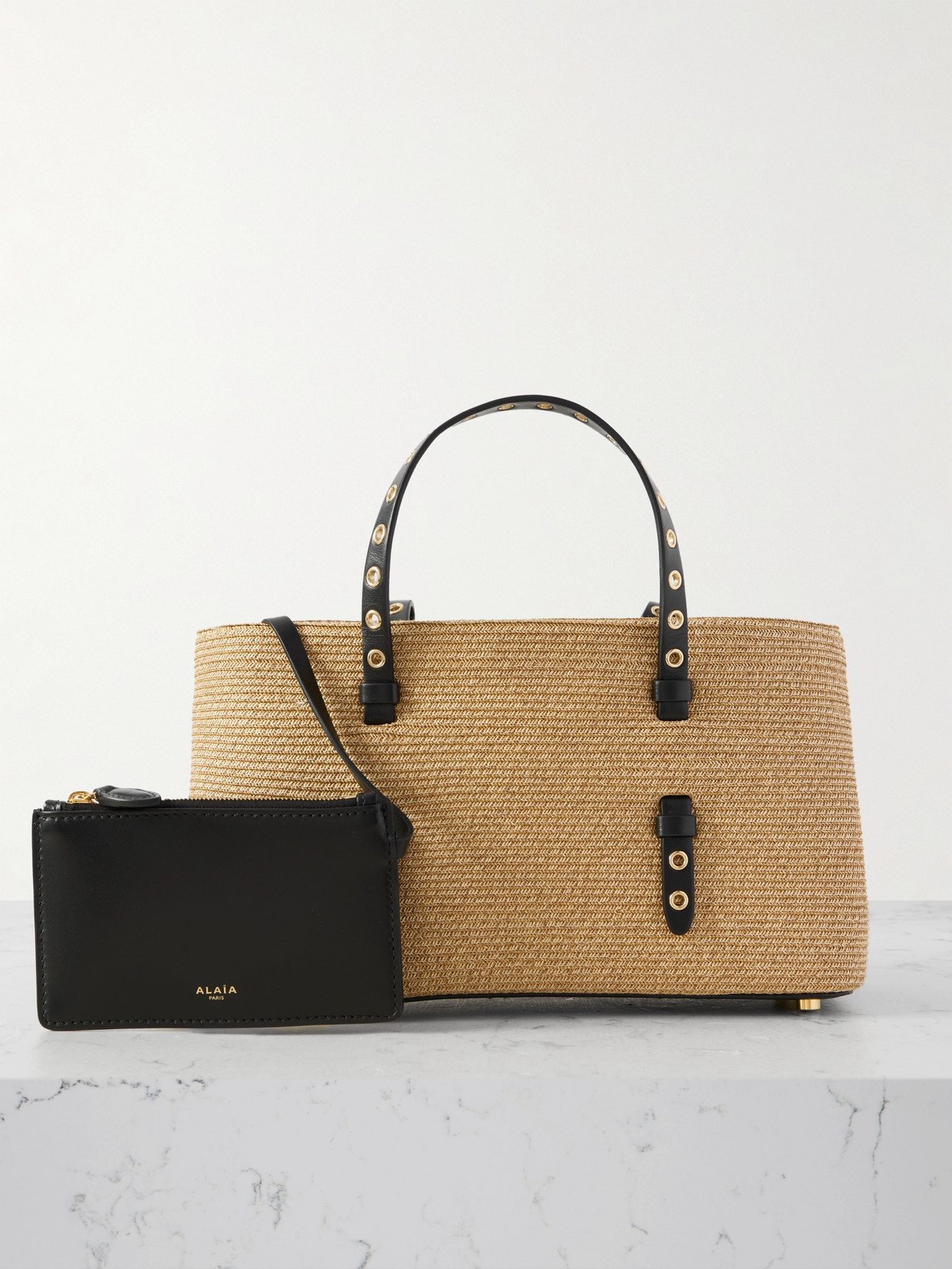 ALAÏA MENA E/W MEDIUM EYELET-EMBELLISHED LEATHER-TRIMMED RAFFIA TOTE