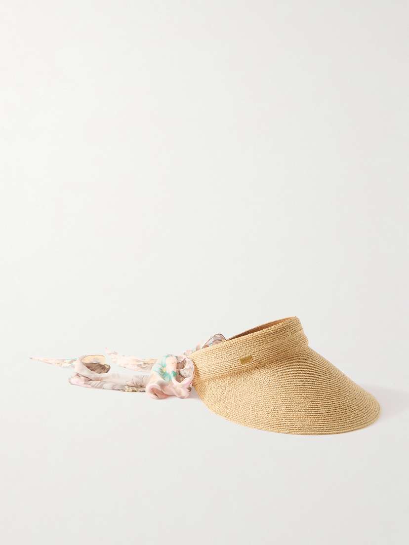 Chloé Printed Chiffon-trimmed Woven Raffia Visor