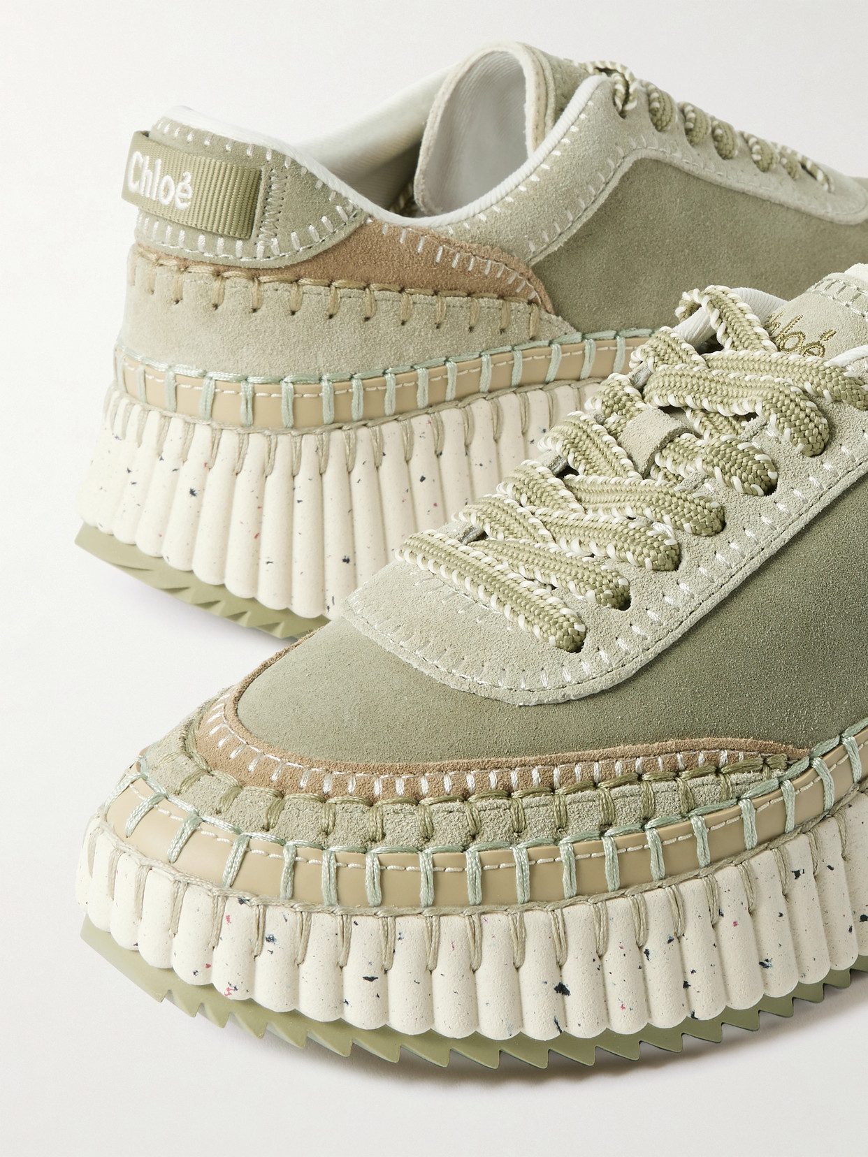 Chloé Nama Embroidered Suede Sneakers In Green