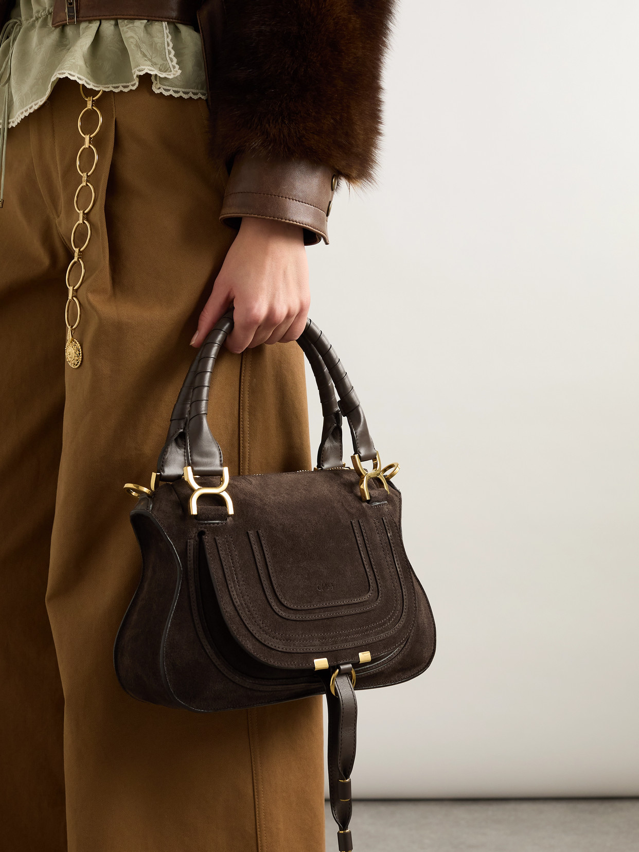 Chloé Marcie Small Leather-trimmed Suede Shoulder Bag In Brown