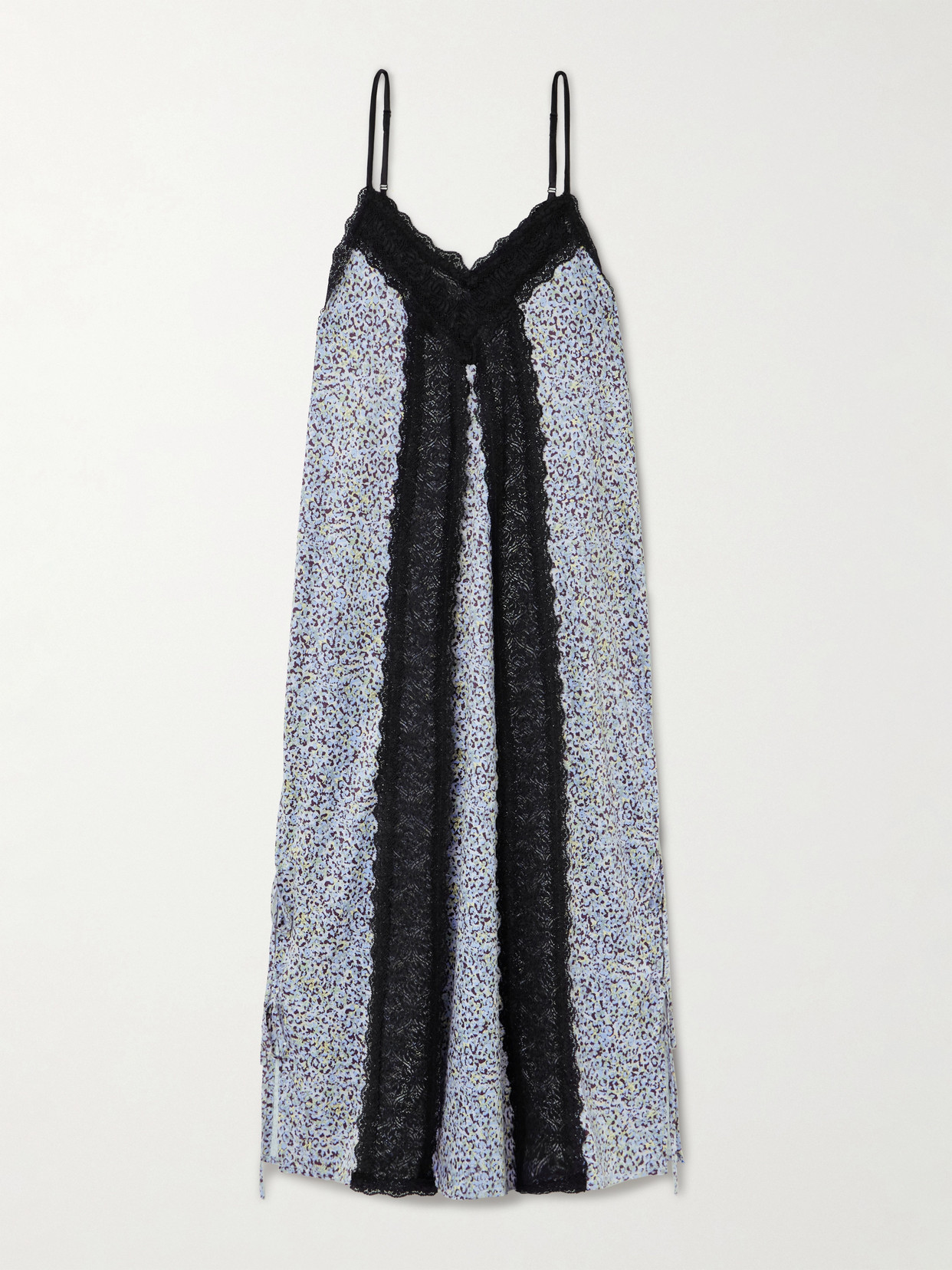 Kika Vargas Sunita Tie-detailed Lace-trimmed Leopard-print Stretch-satin Maxi Dress In Blue