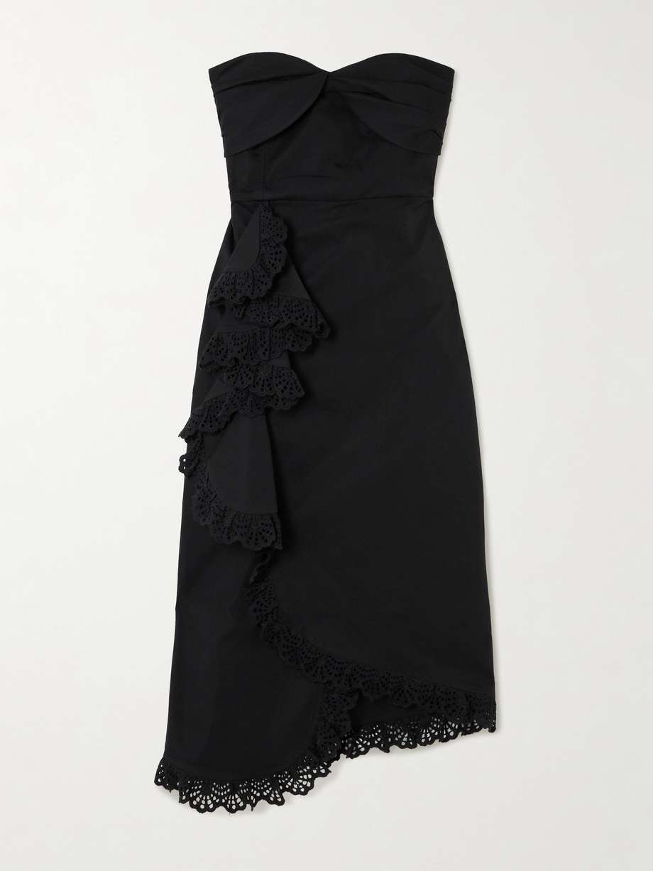tara strapless broderie anglaise-trimmed twill midi dress
