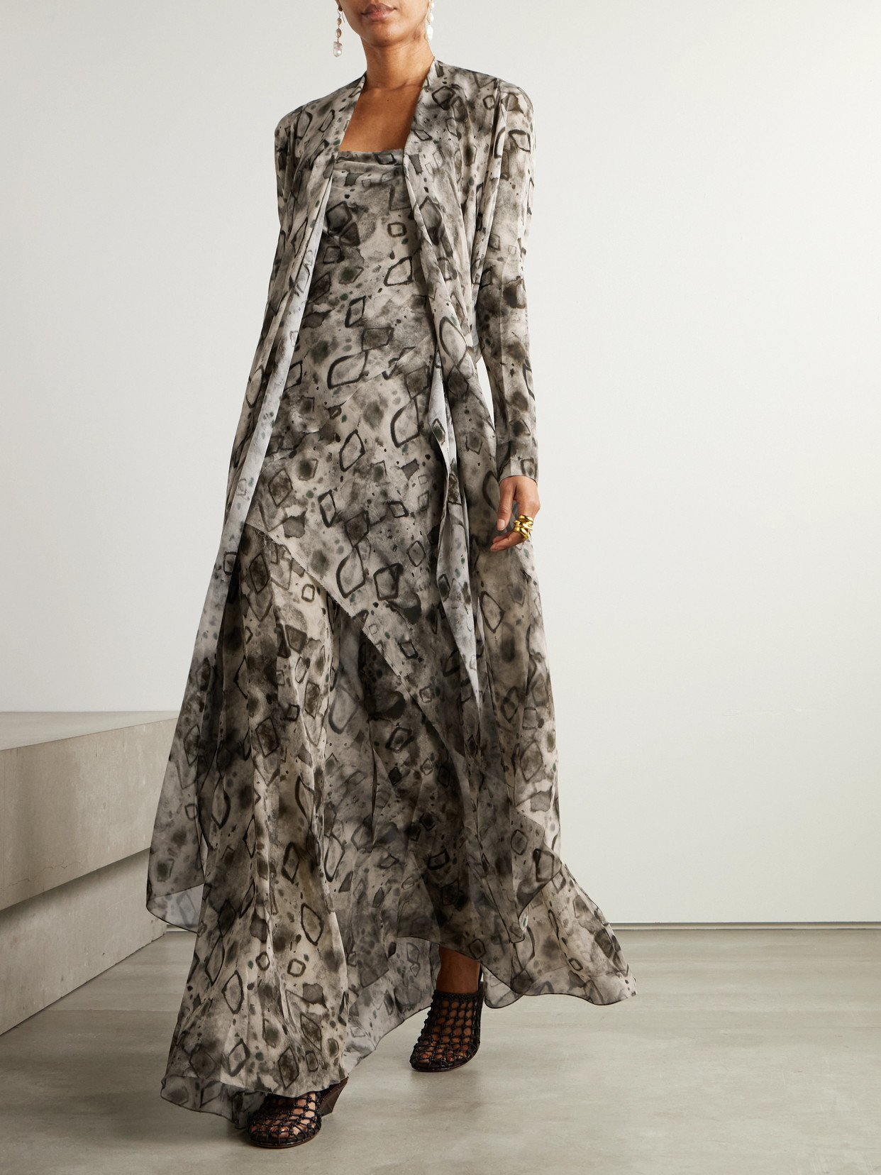 Cortana Meena Printed Silk-georgette Wrap Jacket In Brown